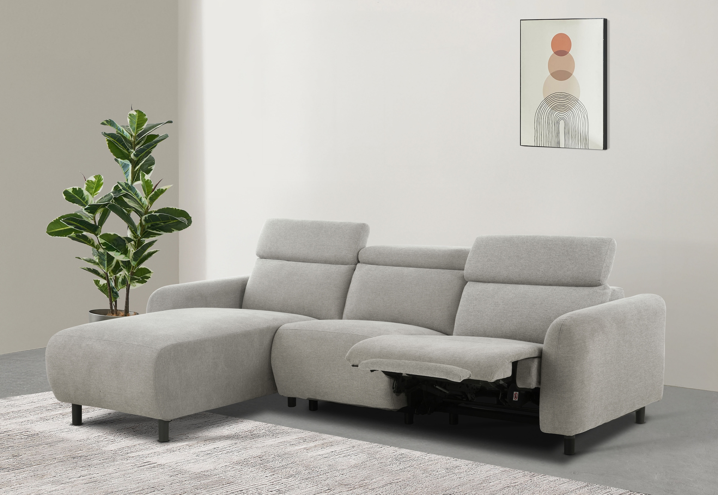 OTTO home Ecksofa "SKAANE Struktur, L-Form, 274 cm, manuelle/elektrische Relaxfunktion," rundes Design, Kopfteilverstellung, Federkernpolsterung