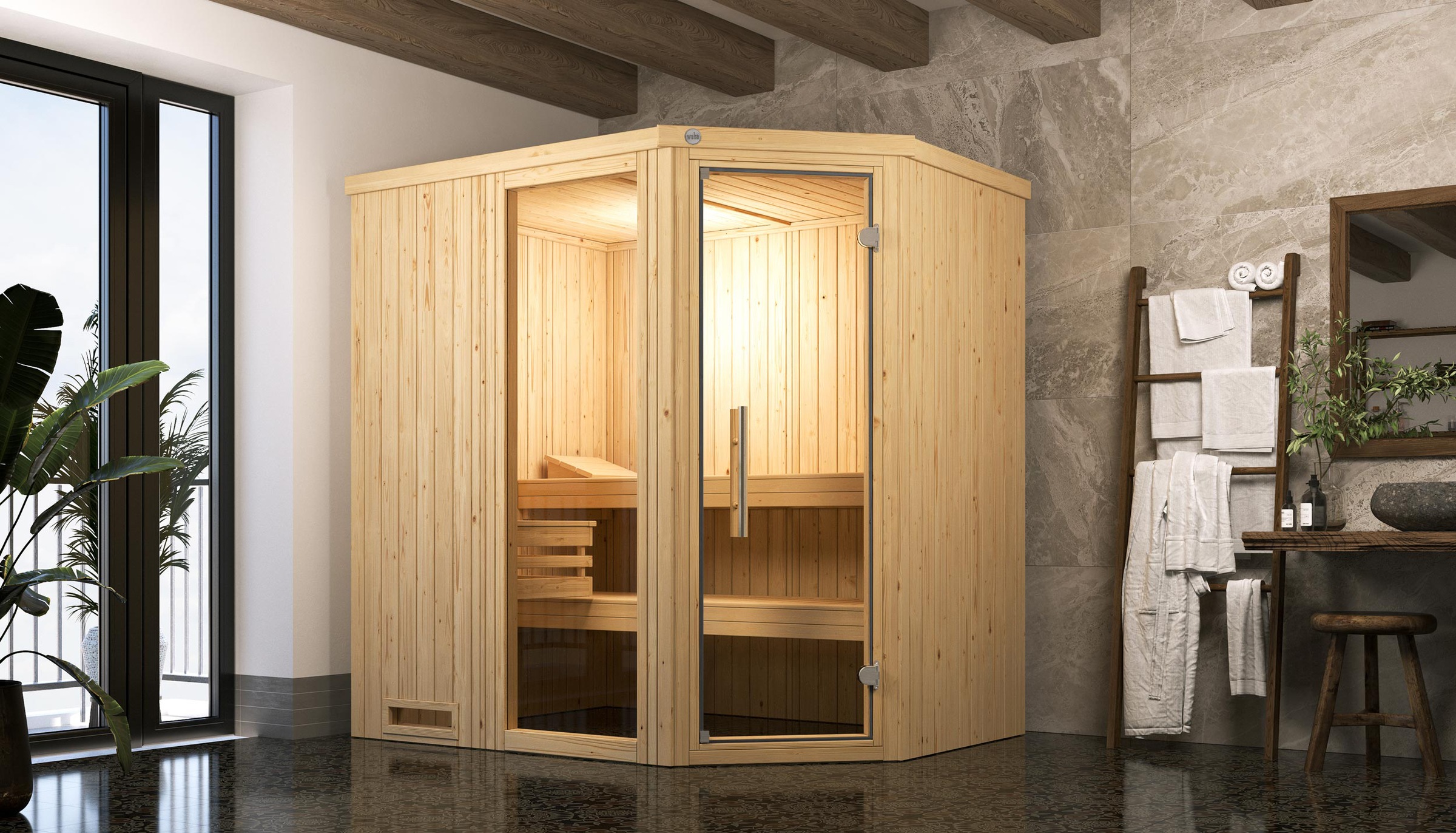 weka Sauna »Element-Ecksauna VARBERG 1«, vorgefertigte Elemente, Fensterelement, moderne Ganzglastür