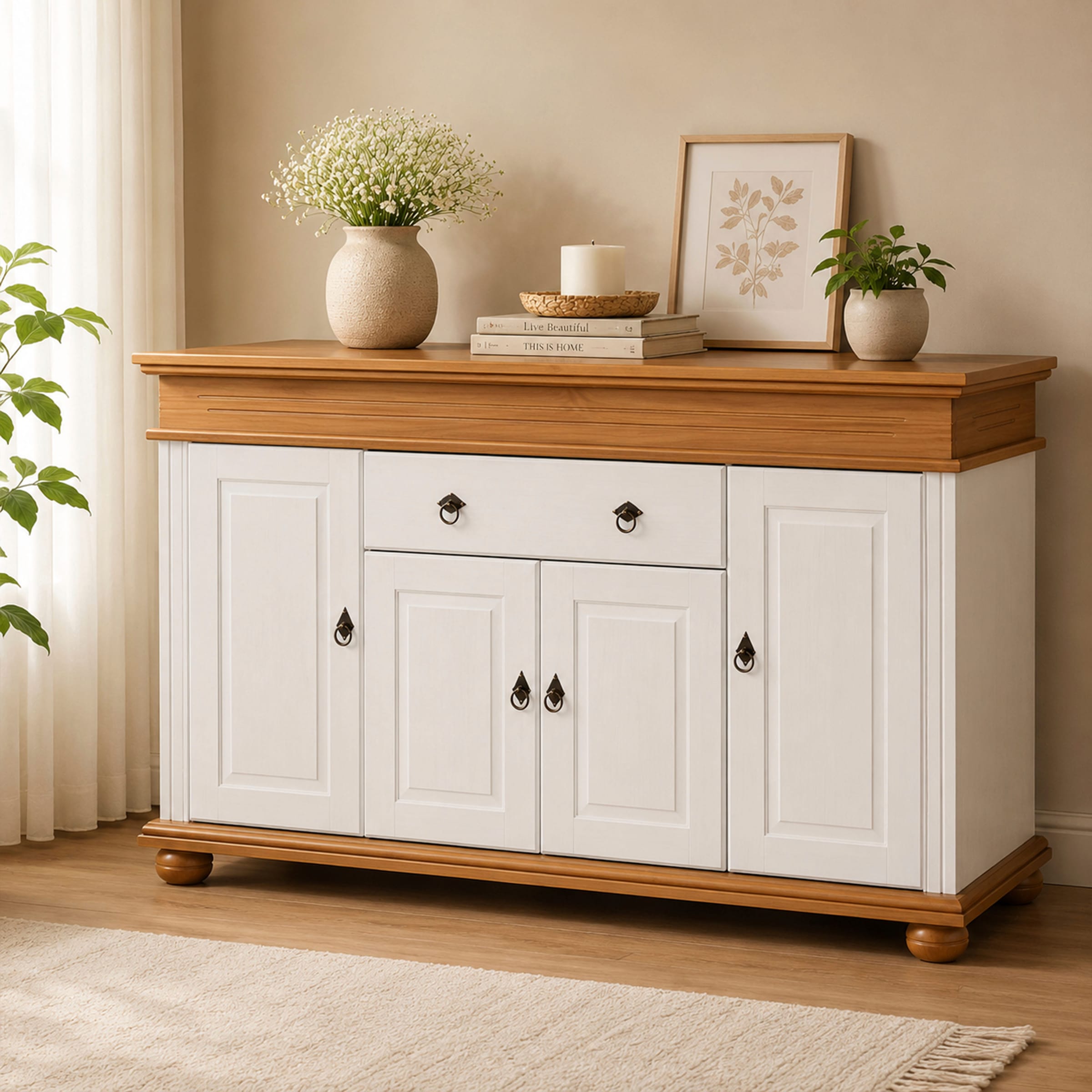 Inter Link Sideboard »Halmaro, Kiefer Massivholz, Soft-close, 181 x 46 x 100 cm, Stauraum« 1 Stk. tlg. Kommode in Weiss, Braun/Oak, Landhausstil, 4 Türen, 1 Schublade