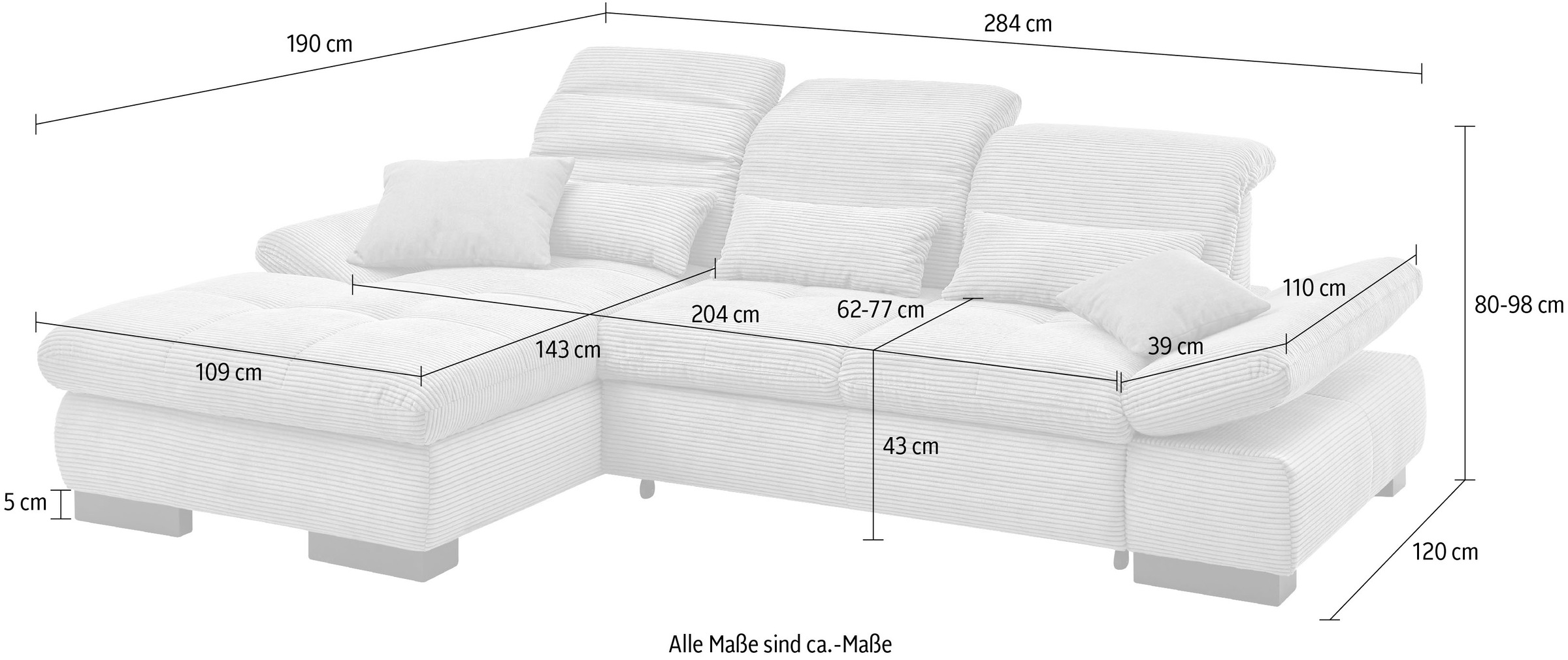 set one by Musterring Ecksofa »SO4100 V«, mit verstellbaren Kopfteilen, wahlweise mit Funktionen, Cord-Bezug