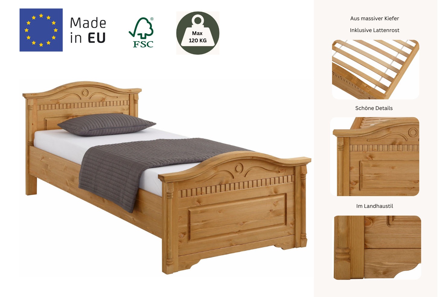 Home affaire Massivholzbett »Graz, hohe Belastbarkeit, klassischer Landhausstil, FSC® zertifiziert«, (Breite/Belastbarkeit 180cm/220 KG, 90cm/=120KG), mit dekorativen Fräsungen, inklusive Lattenrost