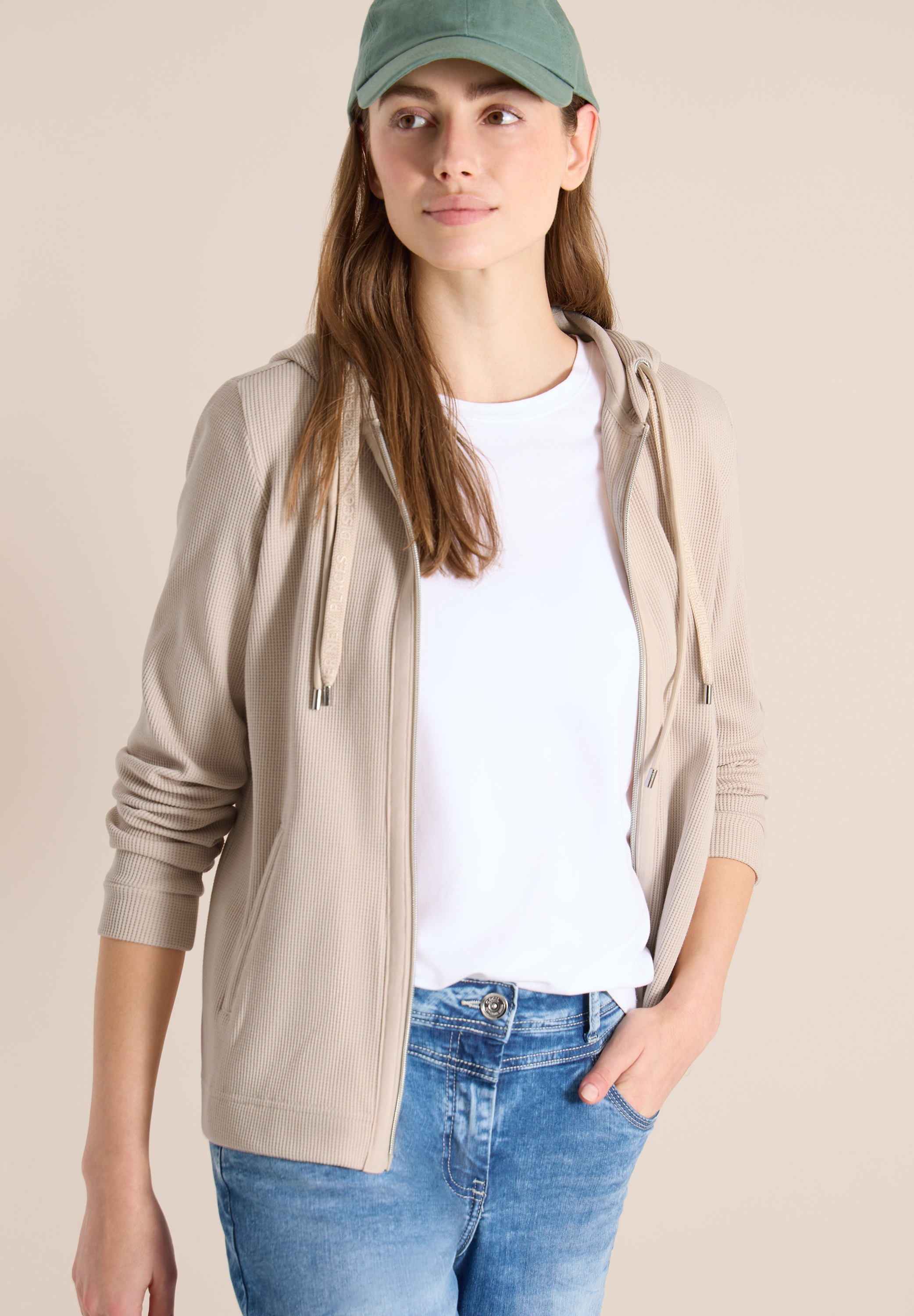 Cardigan CECIL, Herren, Gr. L (42), pearl beige, Web, 80% Baumwolle, 15% Polyester, 5% Elasthan, unifarben, comfort fit normal, ohne Ausschnitt, Bündchen, Strickjacken, mit Kapuze