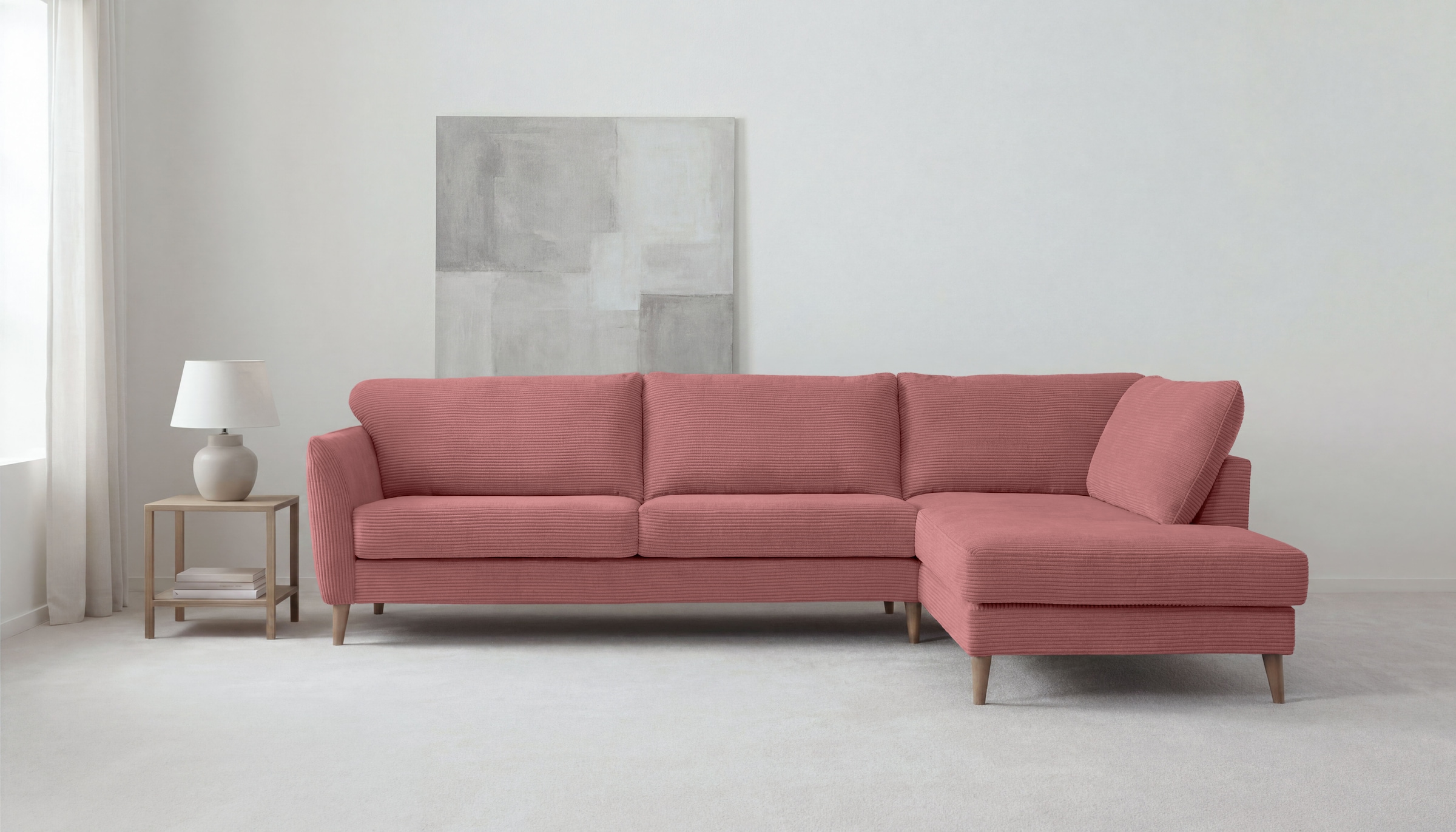 OTTO home Ecksofa "MARSEILLE 278/202 cm, L-Form, Ottom. rechts/links, verschiedene Bezüge" Massivholzbeine Eiche, Landhausstil, Wellenunterfederung