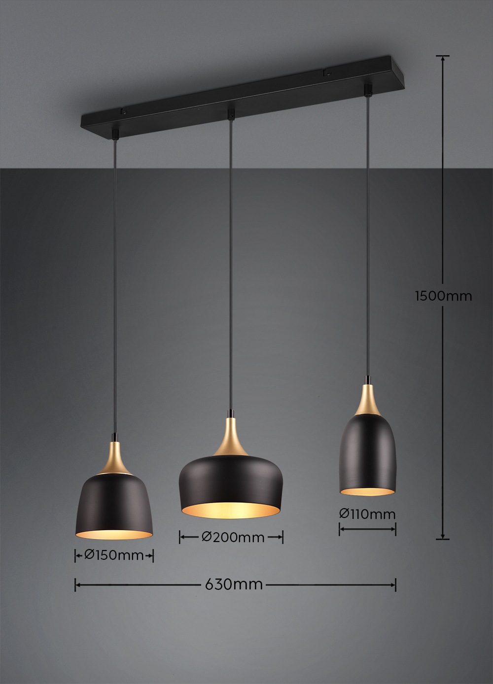 TRIO Leuchten Pendelleuchte »CHIRAZ, Hängeleuchte 3-flammig schwarz messing gold max 150cm Höhe« E14 1 Stk. warmweiß - kaltweiß Hängelampe exkl 3x E14 max 25W, Industrie Loft Stil 3 Schirmformen
