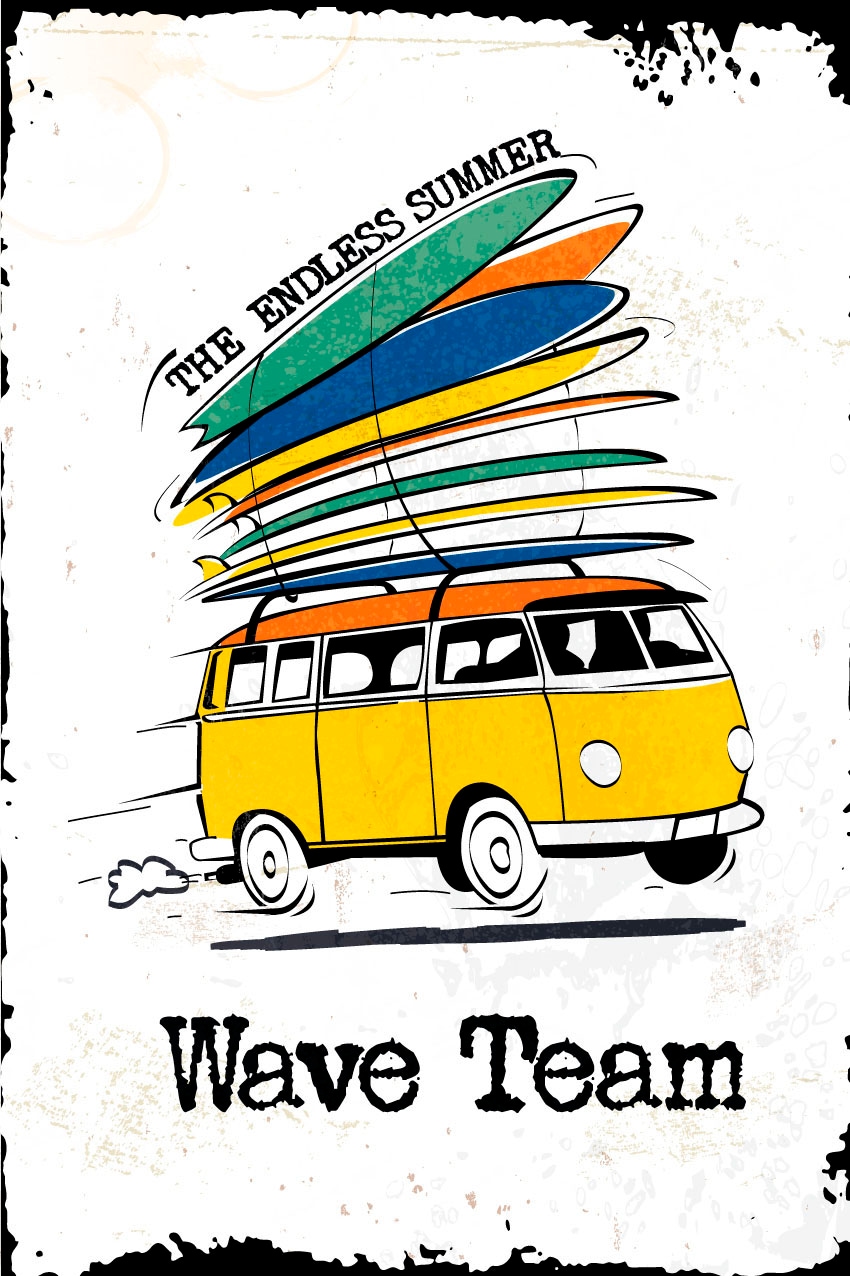 queence Metallbild »Wave Team«, Schriftzüge-Schriftzug-Sprüche-Sprüche & Texte-Fahrzeuge, (1 St.), Stahlschild, Blechschild, Sprüche, Texte, Fernweh