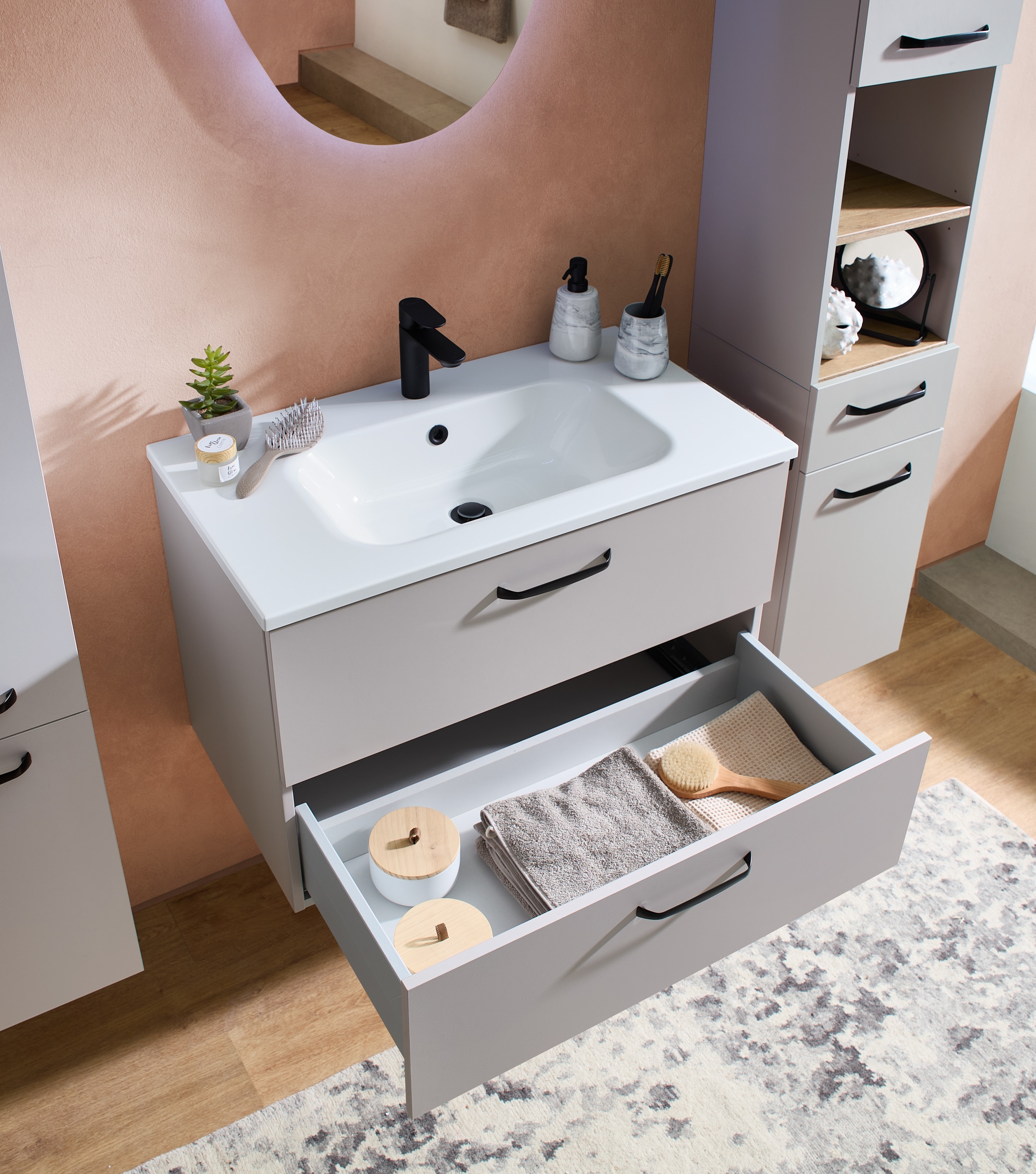 Saphir Badmöbel-Set »Quickset 500, Waschtischunterschrank mit Mineralmarmorwaschtisch« 2 Stk. tlg.