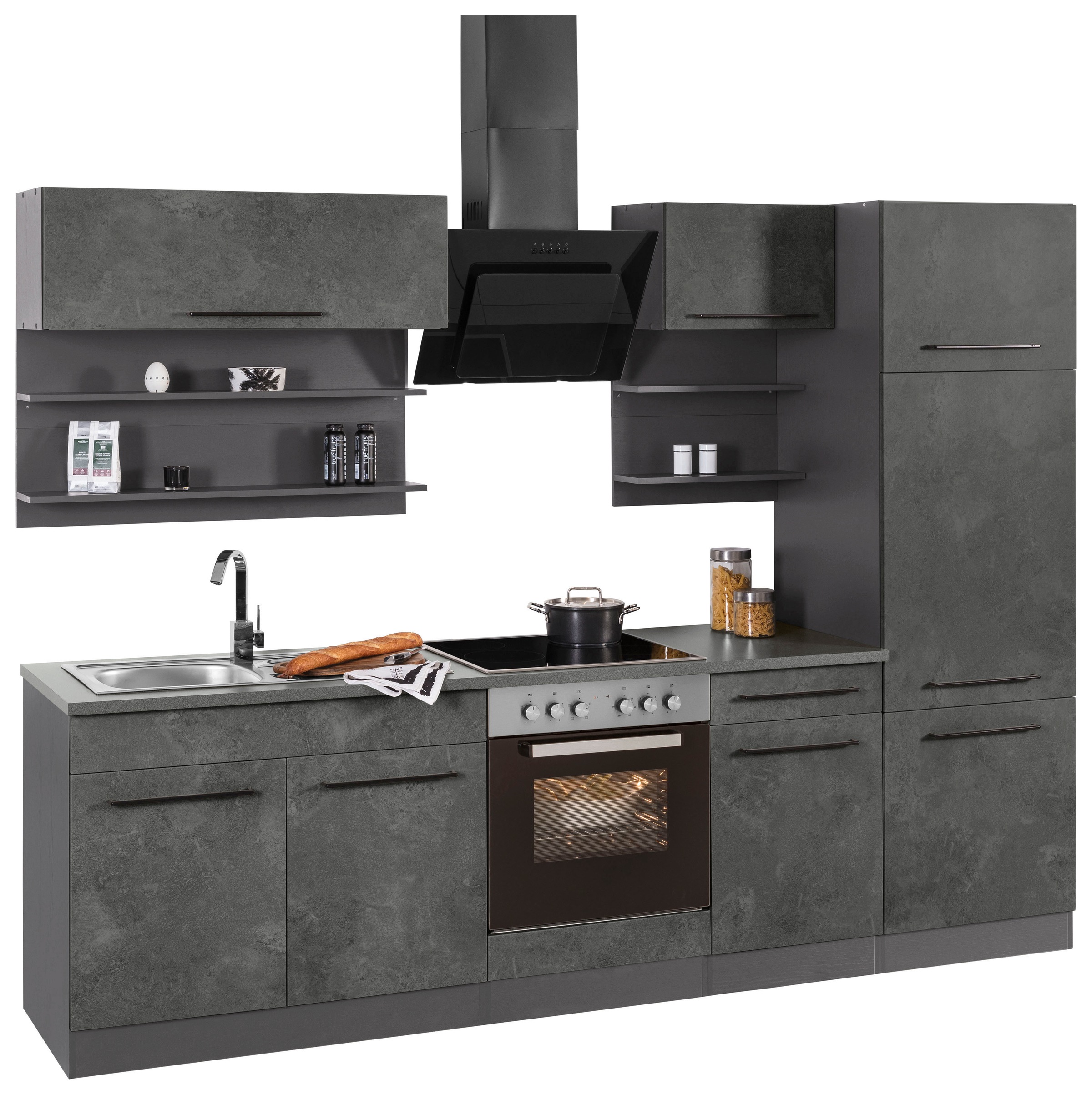 KOCHSTATION Küchenzeile »KS-Tulsa«, ohne E-Geräte, Breite 270 cm, schwarze Metallgriffe, MDF Fronten