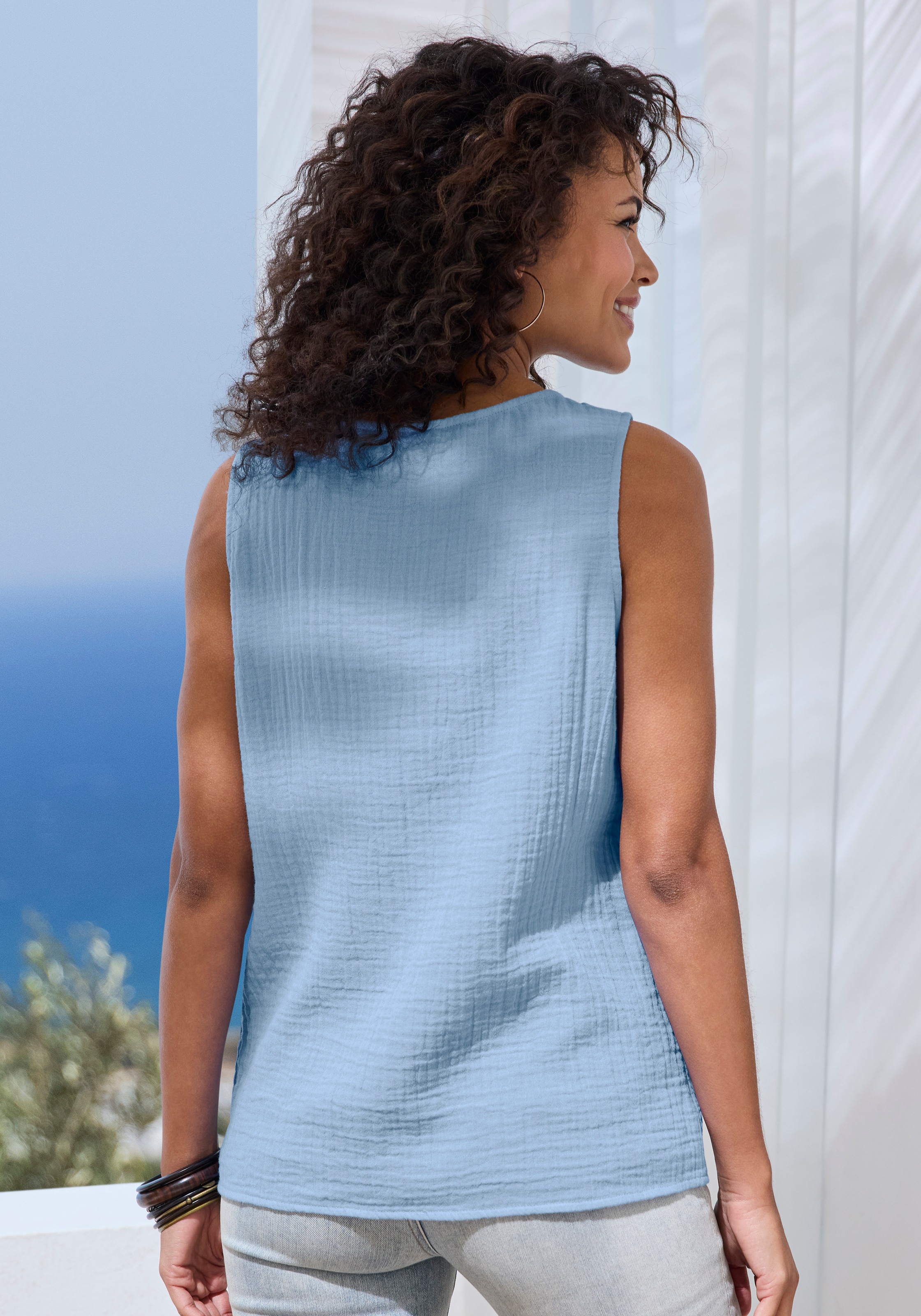 Beachtime by Lascana Blusentop »aus weicher Musselinware« Sommertop, Ärmelloses Top aus reiner Baumwolle, lockeres Musselintop