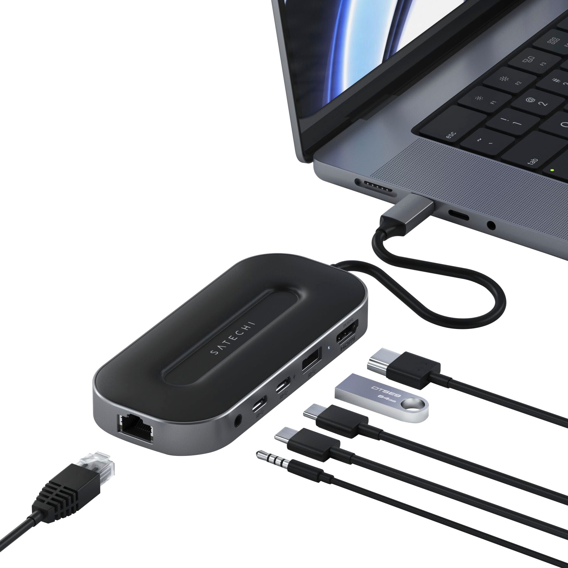 Satechi Laptop-Adapter »USB4 Multiport Adapter with 2.5G Ethernet«, USB-C-Thunderbolt zu HDMI-USB Typ A-USB Typ C-3,5-mm-Klinke-RJ-45 (Ethernet), 19,5 cm