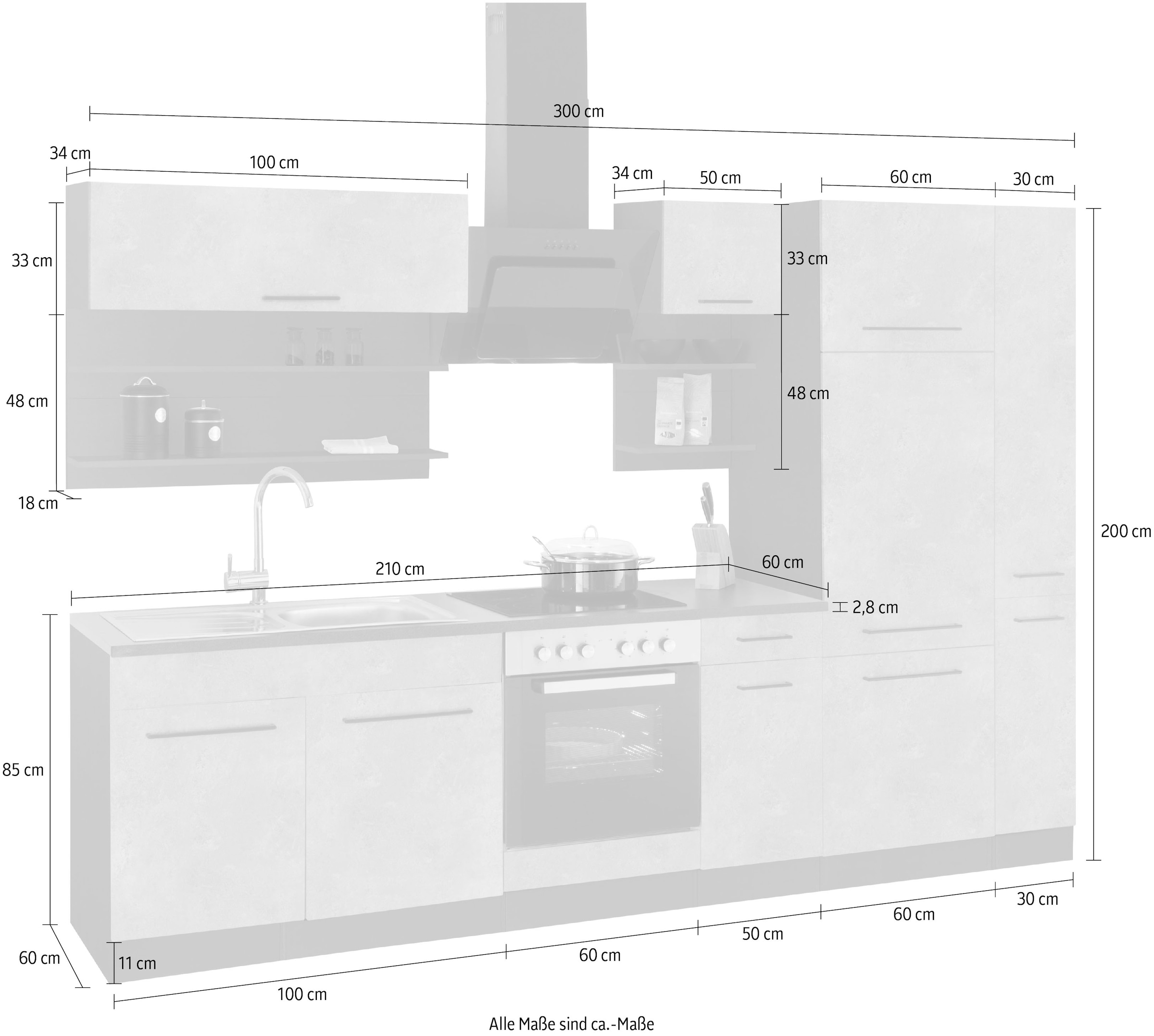 HELD MÖBEL Küchenzeile »Tulsa«, ohne E-Geräte, Breite 300 cm, schwarze Metallgriffe, MDF Fronten