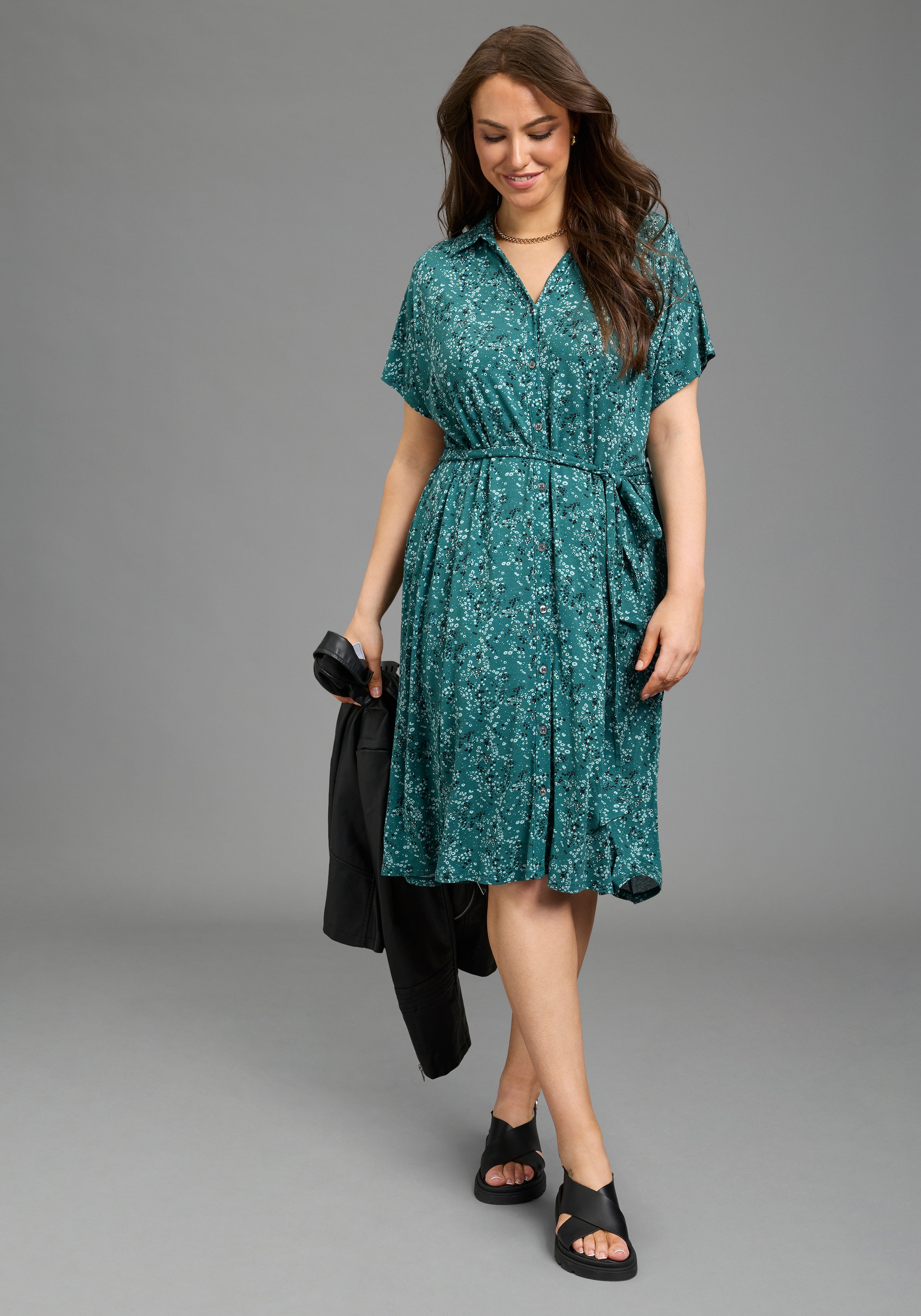 Laura Scott CURVE Jerseykleid in A-Linie mit Hemdkragen, geblümt günstig online kaufen