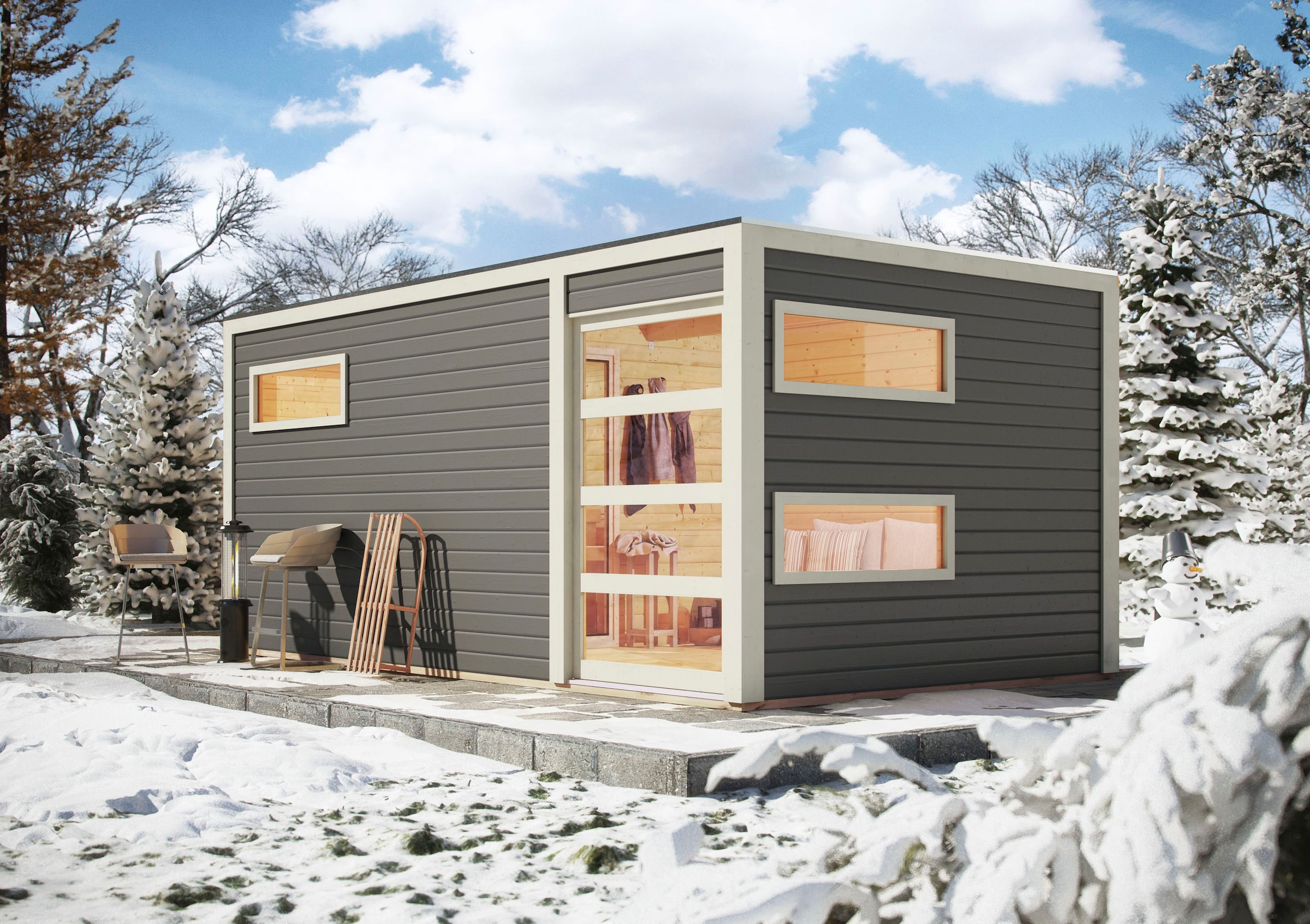 KONIFERA Saunahaus »Hagen«, terragrau, mit Ofen 9 KW externe Strg easy