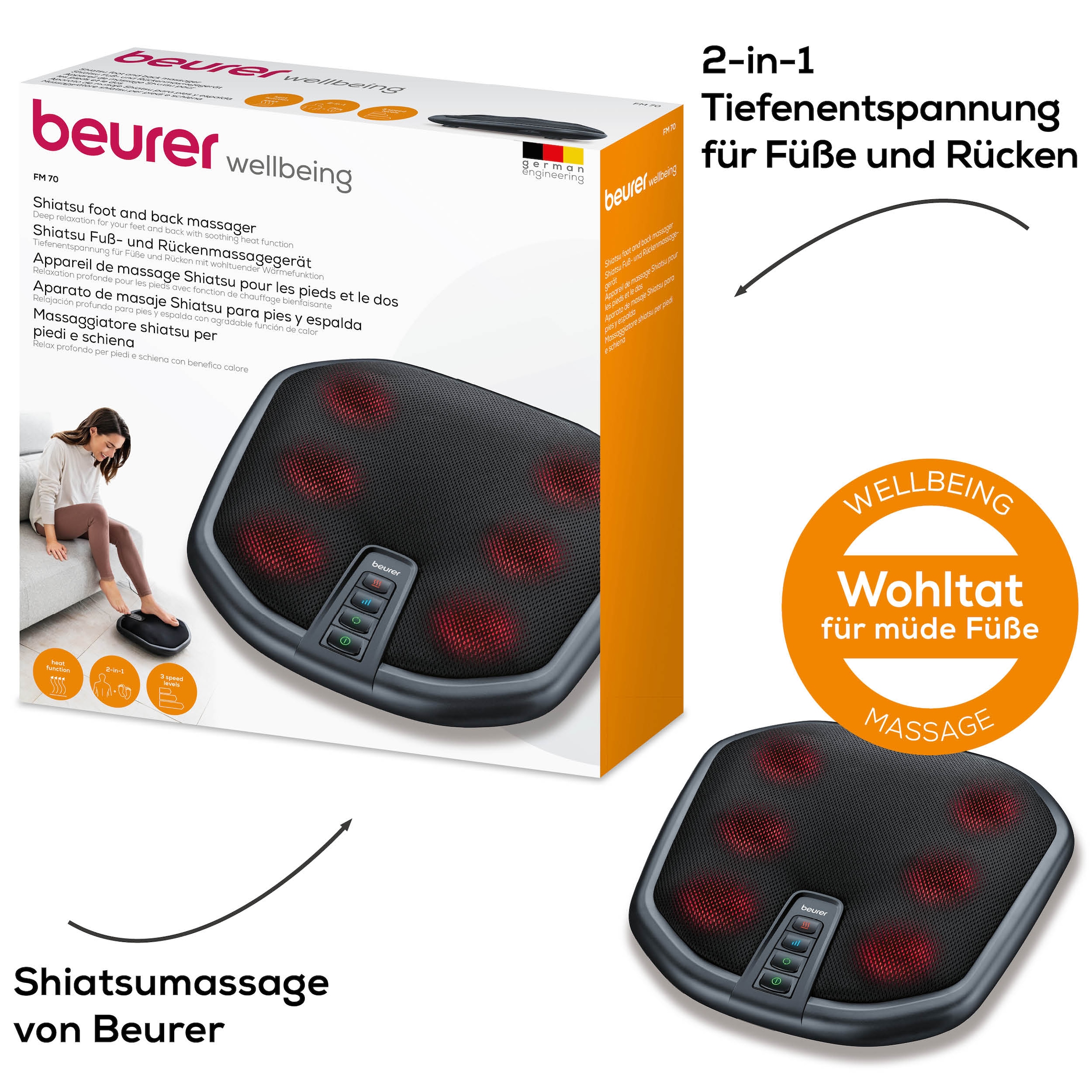 BEURER Fußmassagegerät »FM 70 mit 2-in-1 Funktion: Fuß- und Rückenmassage, mit Wärmefunktion«, 3 Intensitätsstufen, Shiatsu-Massage, waschbarer Bezug