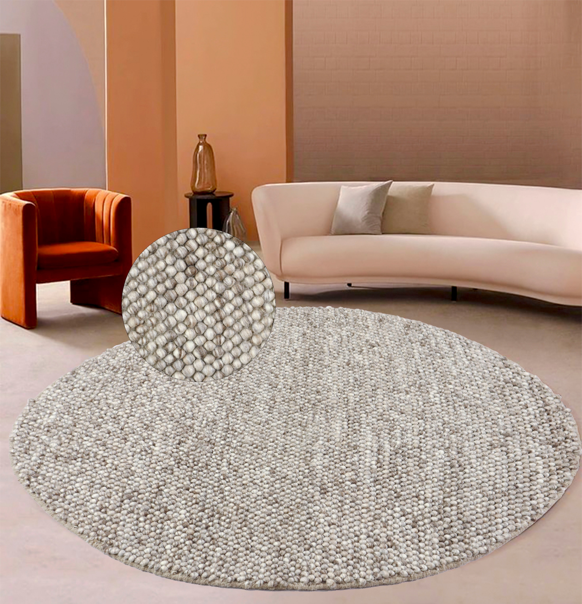 Teppich »Ainhoa, handgewebt, Wolle«, rund, 120cm, einfarbig, Handweb Teppich,...