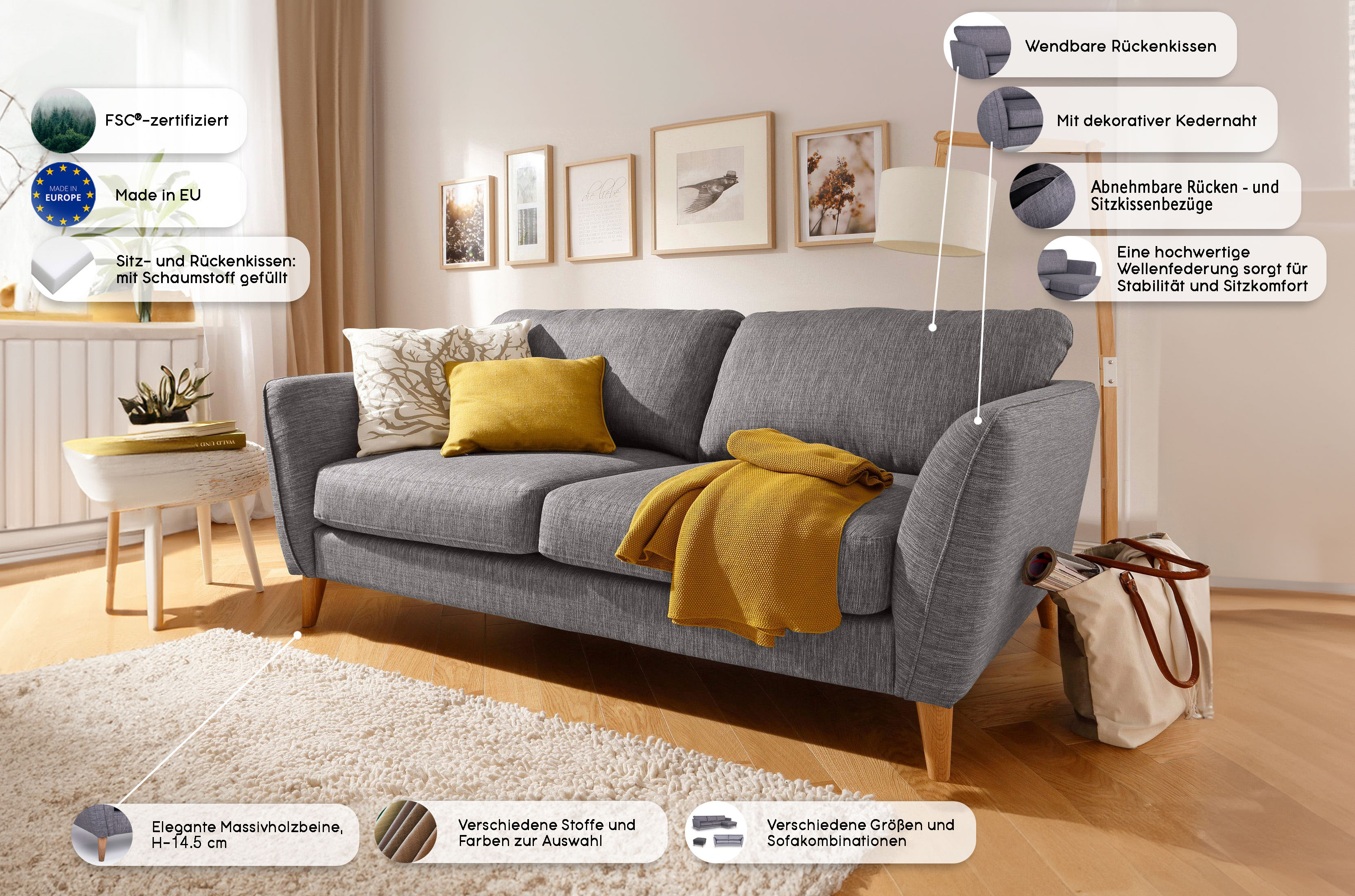 Thumbnail - Home affaire 2-Sitzer "MARSEILLE Kompaktsofa 170 cm, Cord, Flachgewebe, Struktur, Webstoff", Massivholzbeine Eiche, Land...