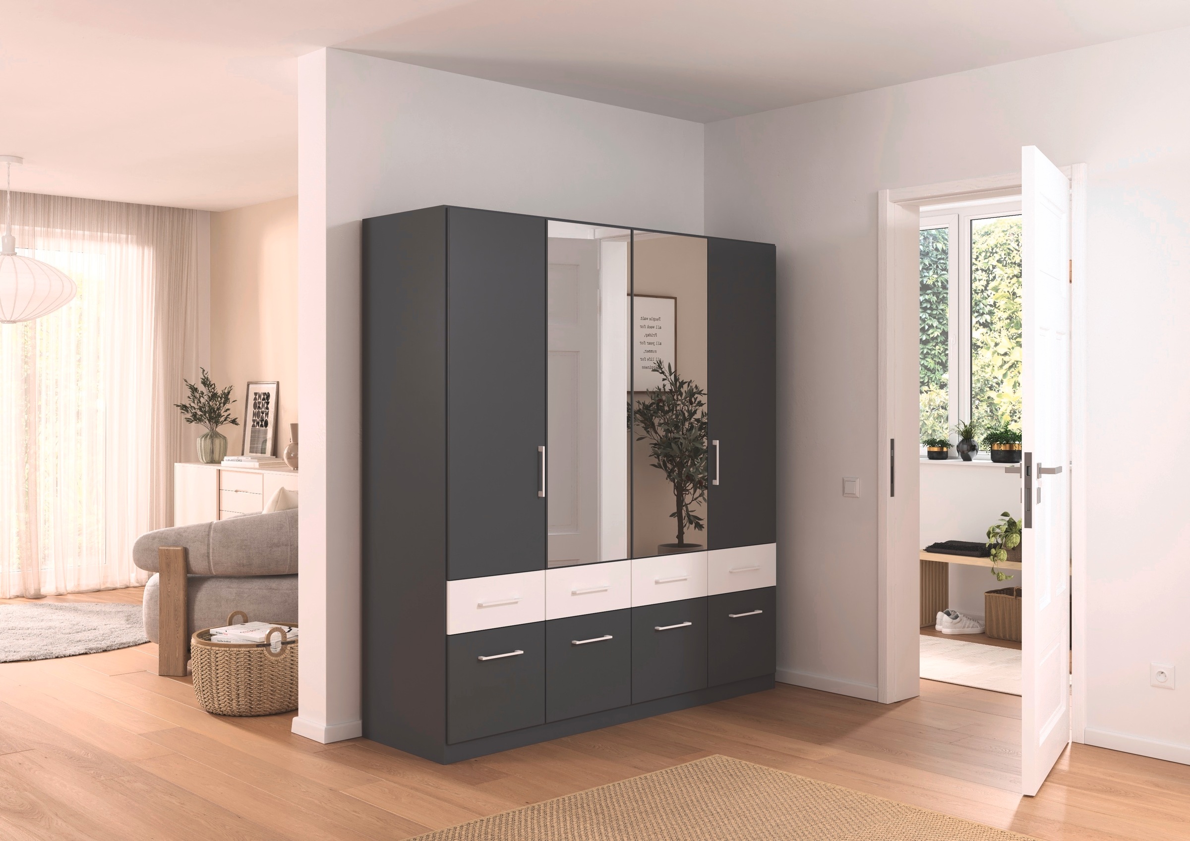 rauch Kleiderschrank »Kleiderschrank Schrank Garderobe Wäscheschrank DUNDEE«, (mit 3 Griff-Varianten), Schubladen in zwei Höhen, optional mit Spiegel MADE IN GERMANY
