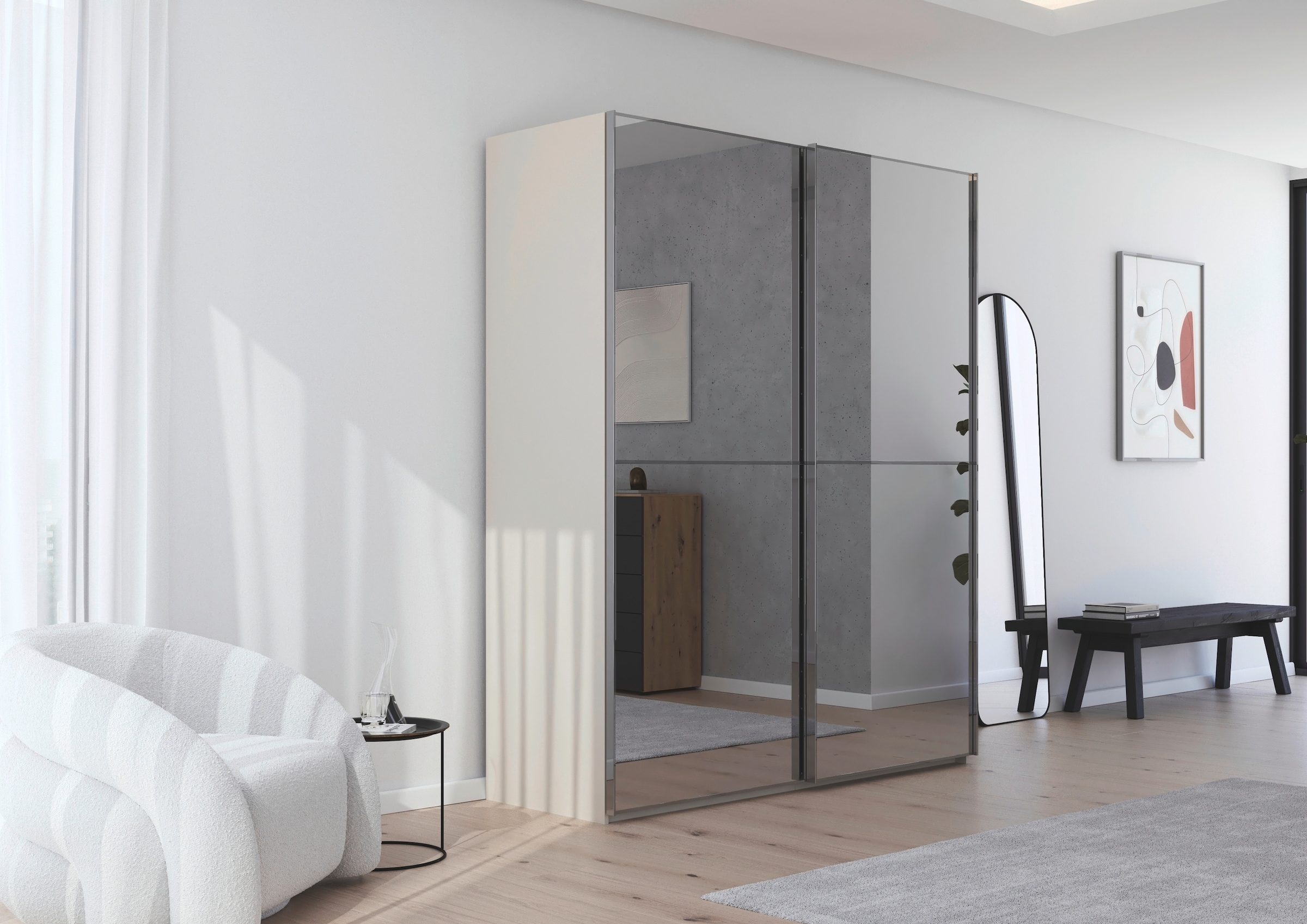 rauch Schwebetürenschrank »Kleiderschrank Schrank Garderobe Schlafzimmerschrank SCALE-DUO«, edle zweigeteilte Türen Spiegelfront und 3 Zierleisten MADE IN GERMANY