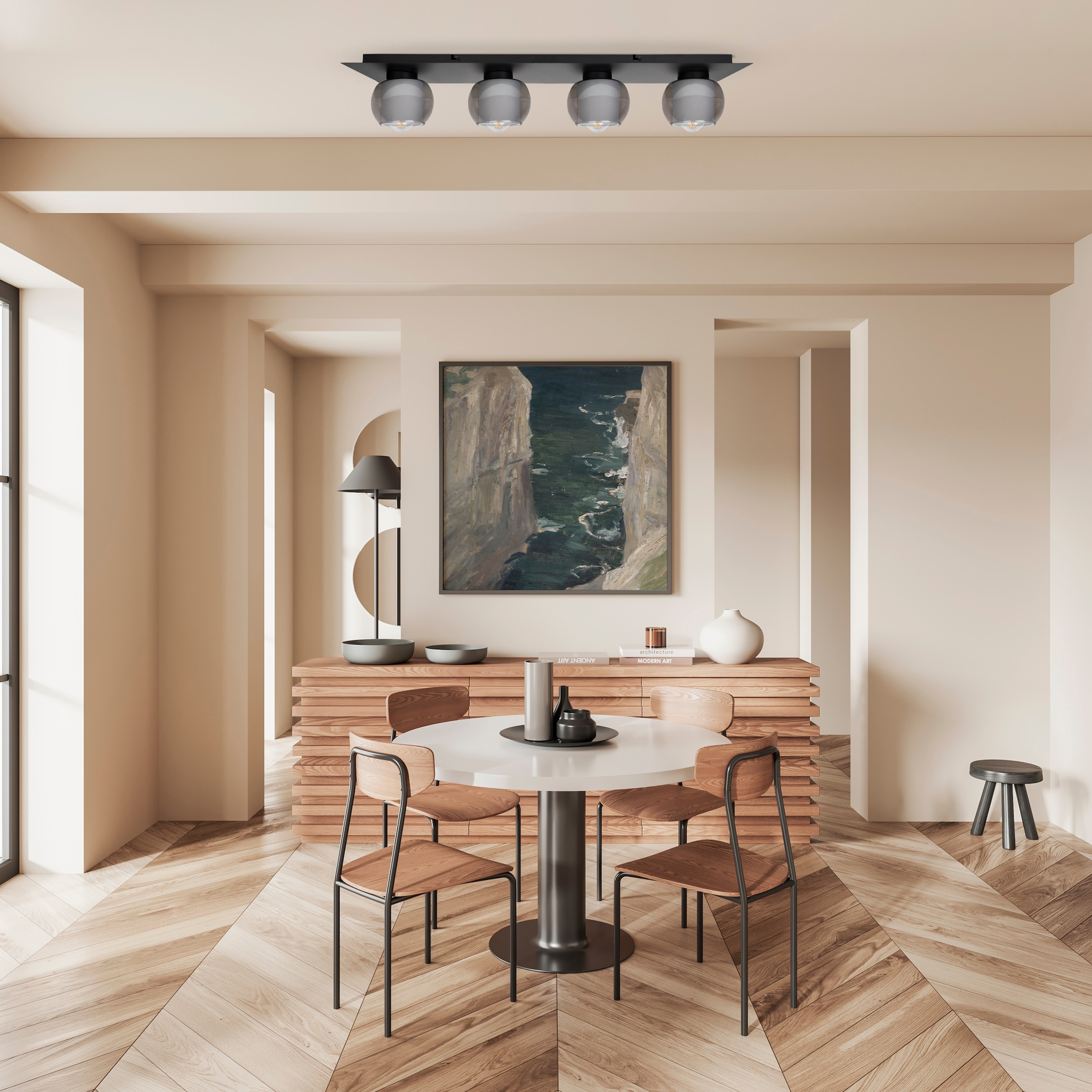 OTTO home Deckenleuchte »Tanissa« E27 1 Stk. eckig, 4 kugelförmige Rauchglas-Schirme innen mit Stoff, 4x E27 exkl.