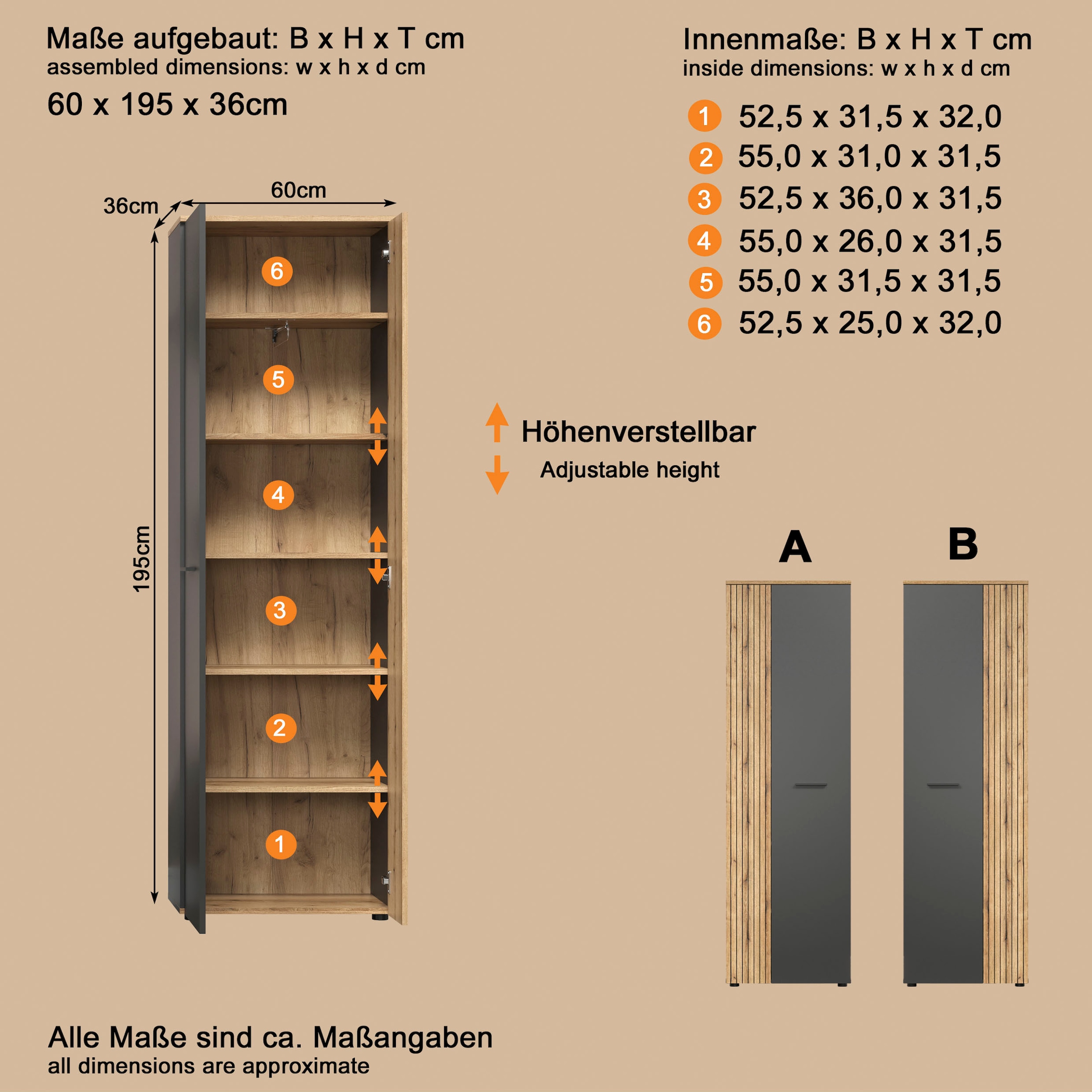 Home affaire Garderobenschrank »Estepona« 1 Stk. tlg. Flurschrank mit 2 Türen & 1 Kleiderstange – (B/T/H) 60/36/195 cm