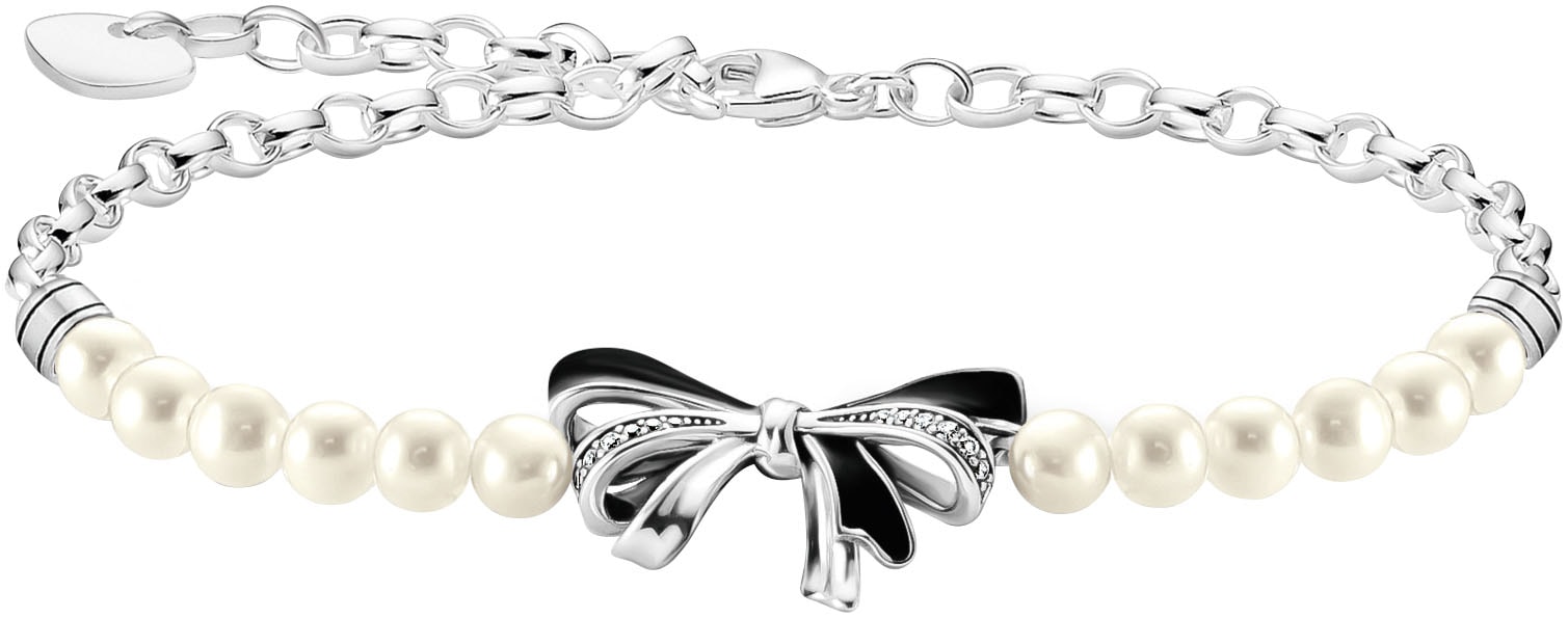 Armband THOMAS SABO "Schleifen mit Perlen Lovely Romance" Gr. 19, schwarz-weiß (silberfarben, schwarz, weiß, weiß), Armbänder, Damen, 19, Perlen Silber 925 (recycelt), Perlen, Silber 925 (recycelt), Armband, mit Zirkonia (synth.) - mit Süßwasserzuchtperle