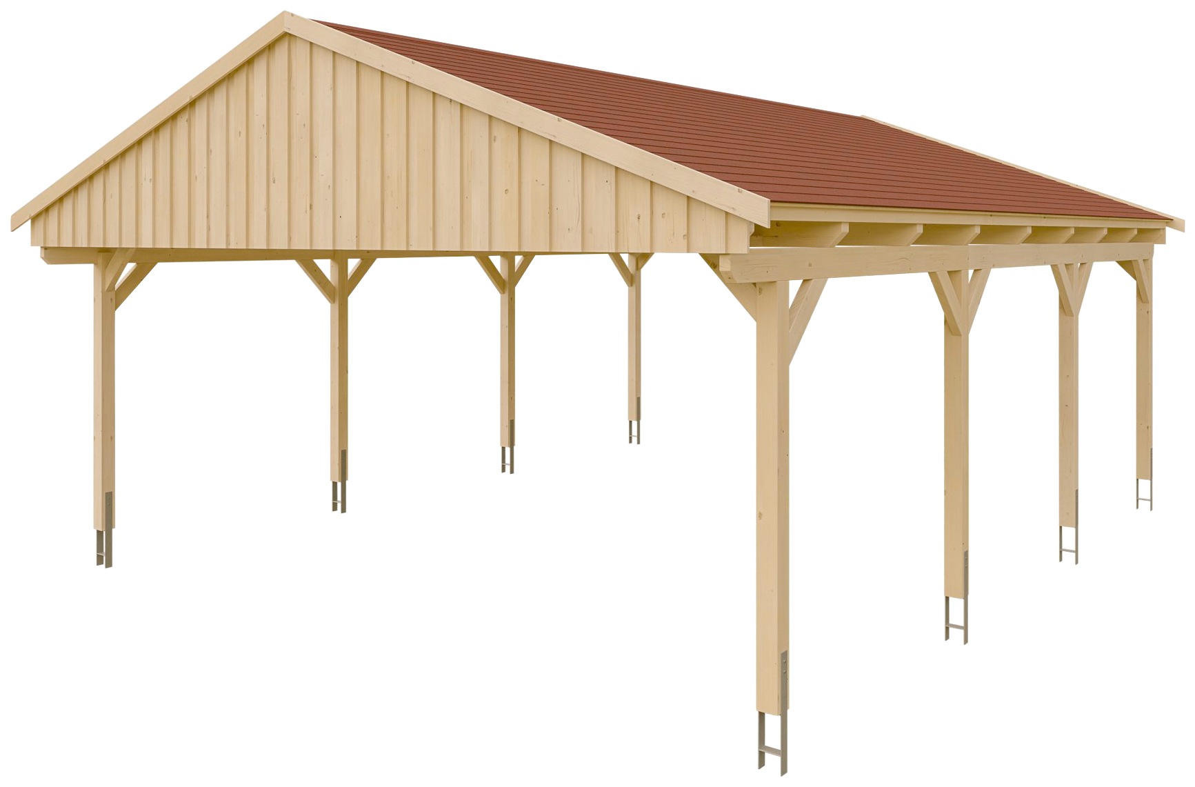 Skanholz Doppelcarport »Fichtelberg«, natur, mit roten Schindeln