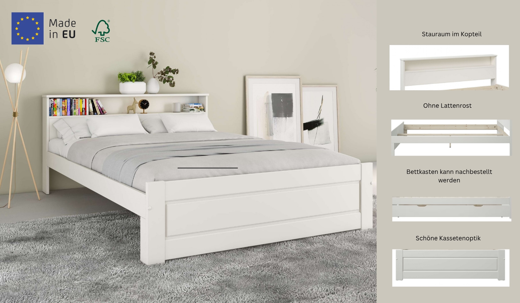 OTTO home Massivholzbett »FLAVION, TOPSELLER! Jugendbett, FSC® zertifizierte massive Kiefer« Breite: 140,  Qualitätsprodukt, Regal, Kassettenoptik, Schublade optional