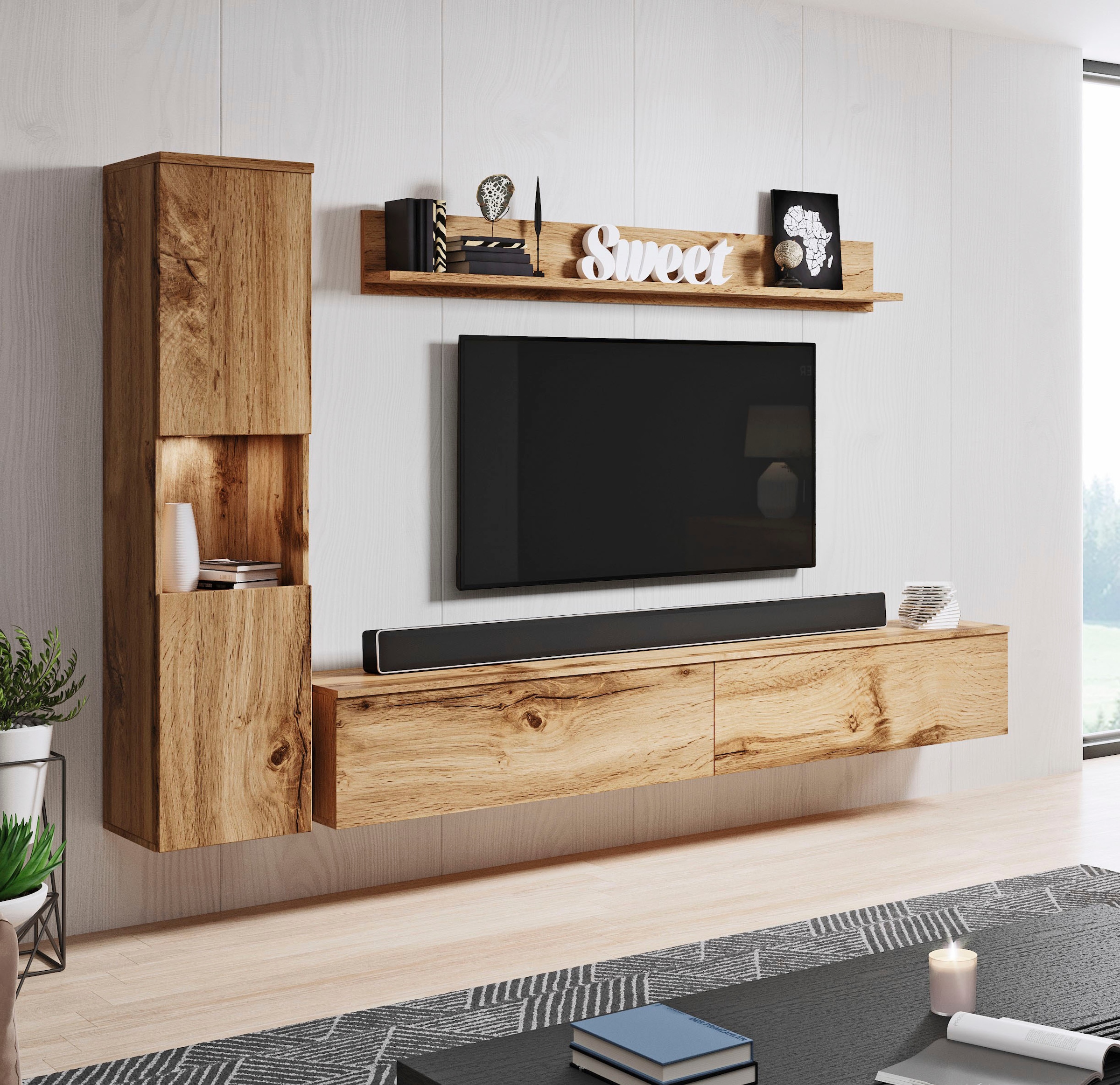 INOSIGN Wohnwand »PARIS, Vitrine Türanschlag links/rechts wechselbar«, (Komplett-Set, 3 St.), grifflose Design, stehend und hängend montierbar