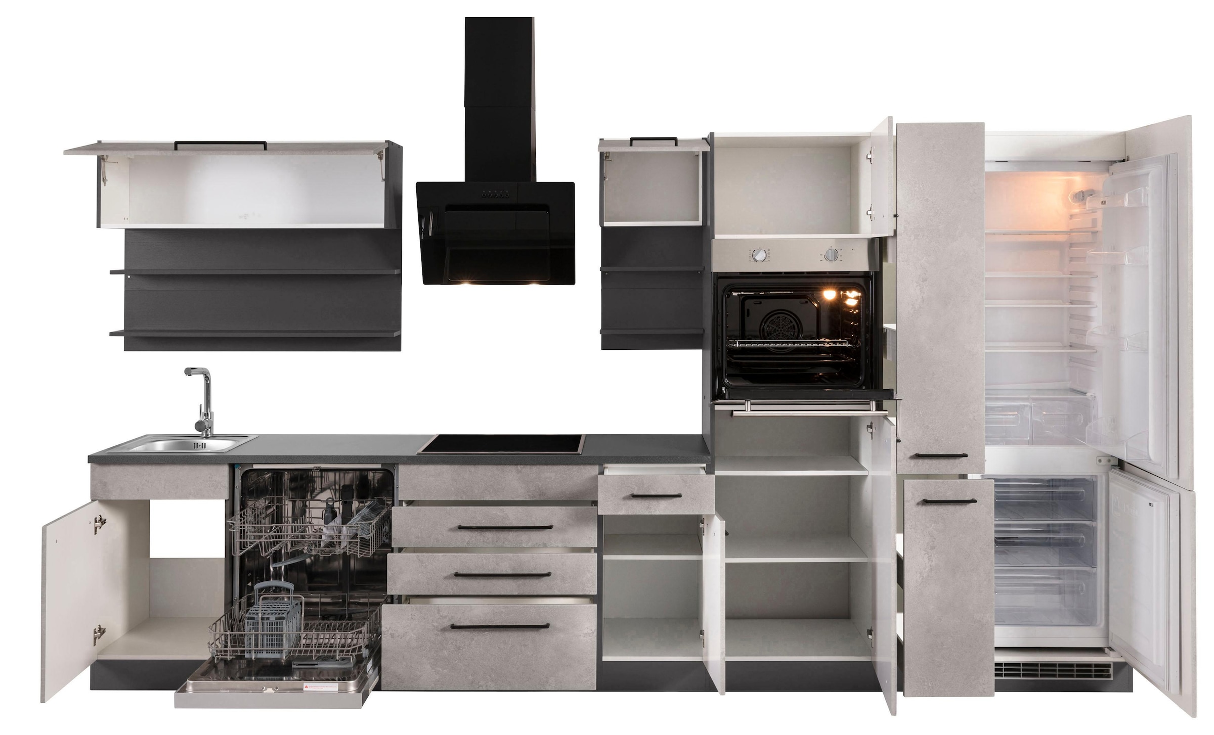 KOCHSTATION Küchenzeile »KS-Tulsa«, ohne E-Geräte, Breite 360 cm, schwarze Metallgriffe, MDF Fronten
