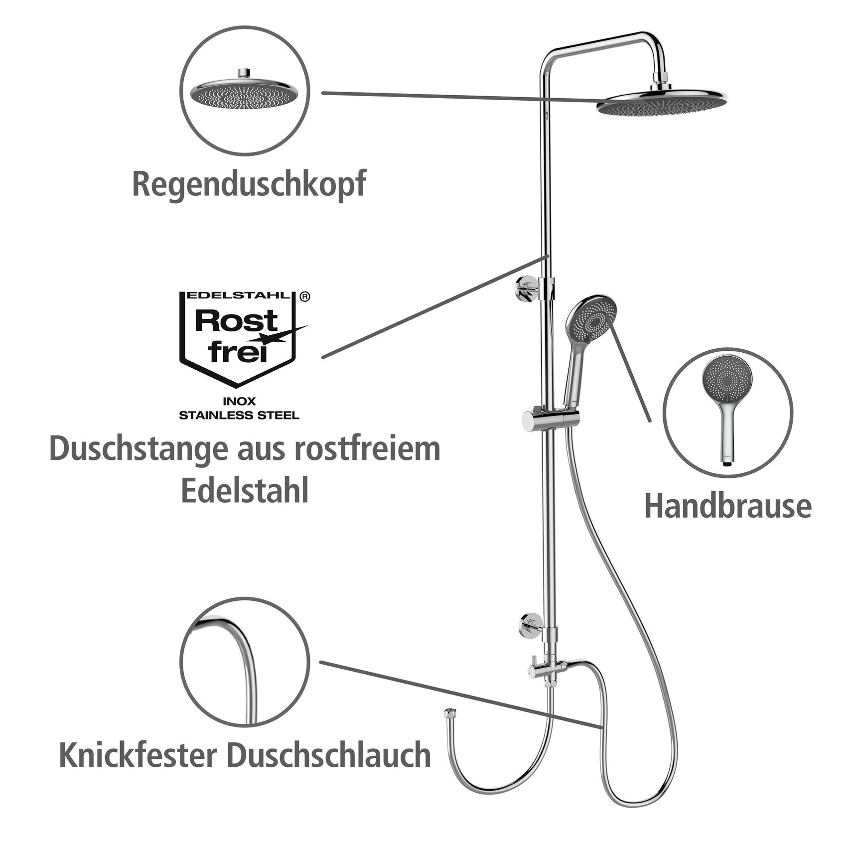 WENKO Duschsystem »Watersaving« Chrome, höhenverstellbare Duschstange von 75-120cm