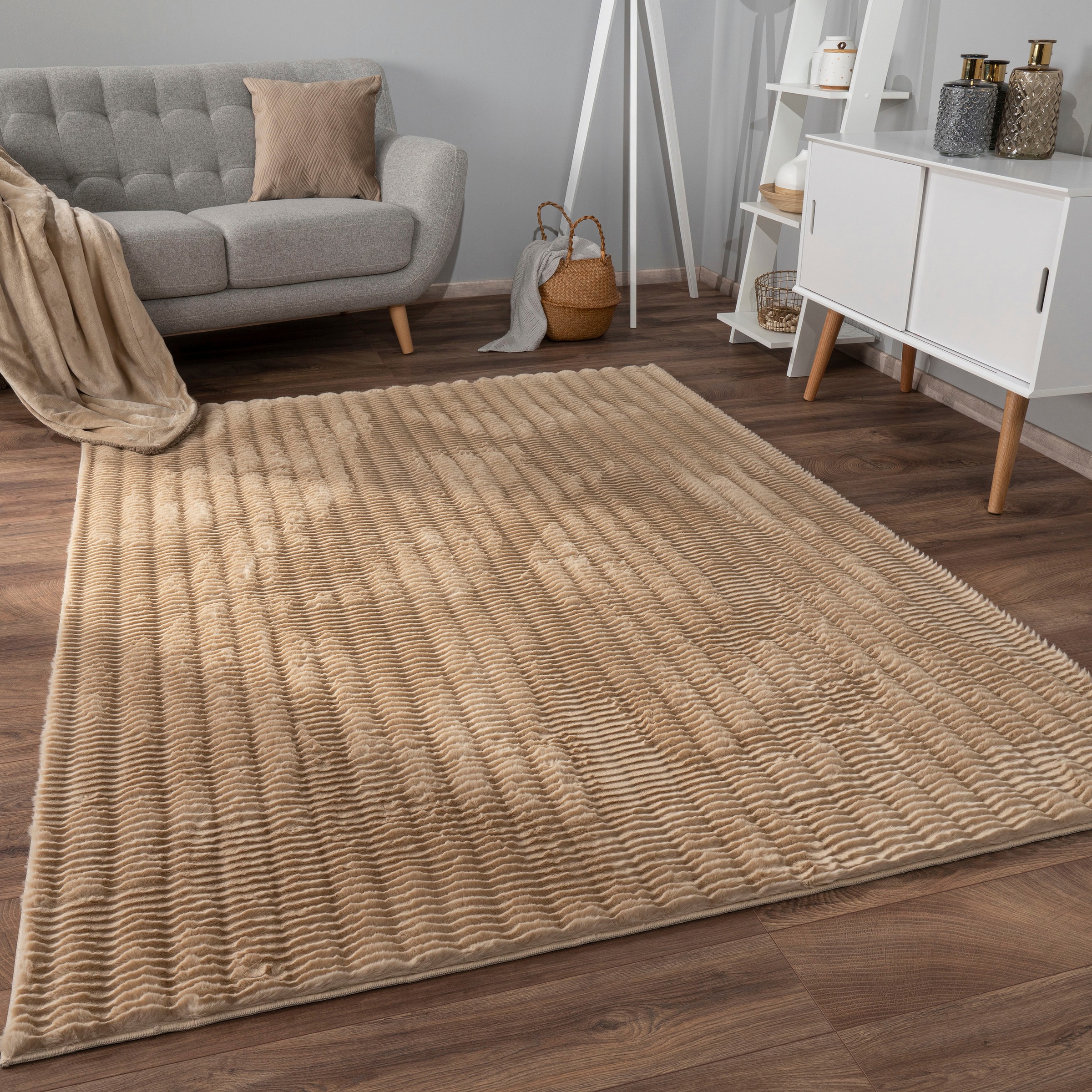 Hochflor-Teppich PACO HOME "Arnheim 743", beige, B:160cm H:27mm L:220cm, Polyester, Teppiche, Uni Farben, Wellen Muster, besonders weich, Hoch-Tief Effekt 3
