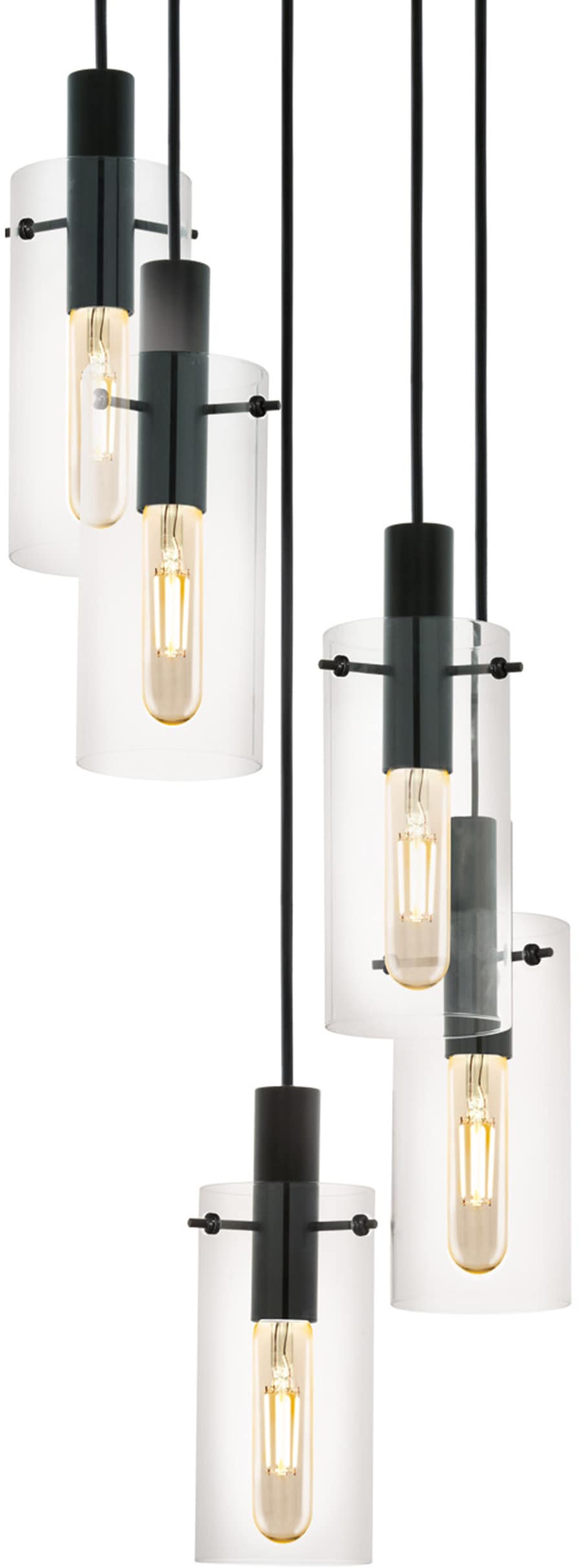 EGLO Hängeleuchte "MONTEFINO Pendellampe, Stahl und Glas, E27, IP20, Esstischlampe, Lampe", schwarz (schwarz, transparent), 5, Ø 35cm H: 40,5cm, 1 Stk., Leuchten, Hängeleuchte, H150 x Ø35, schwarz, 5X60W exkl., Hängeleuchte