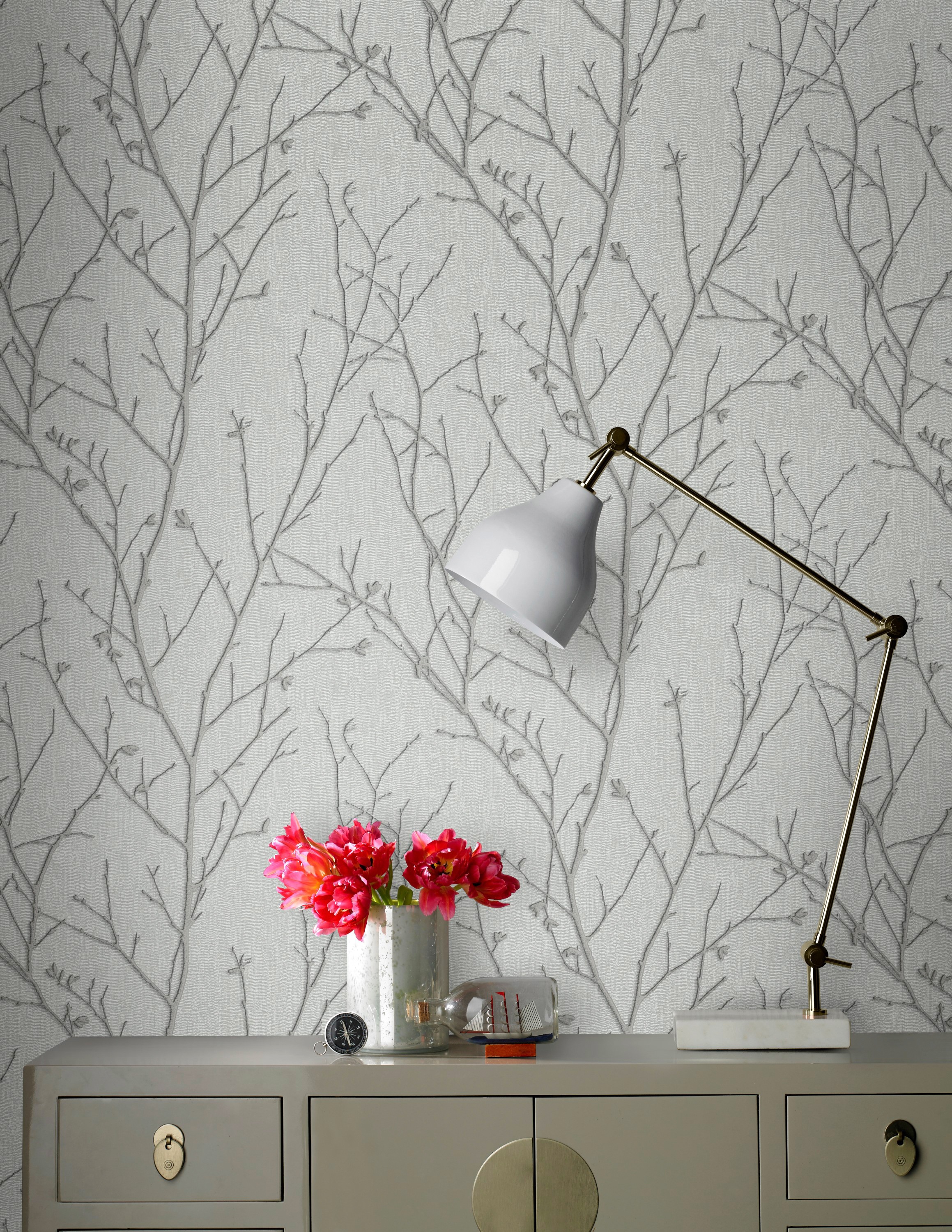 Boutique Silver Water Silk Sprig Wallpaper | Size: 10000mm x 520mm