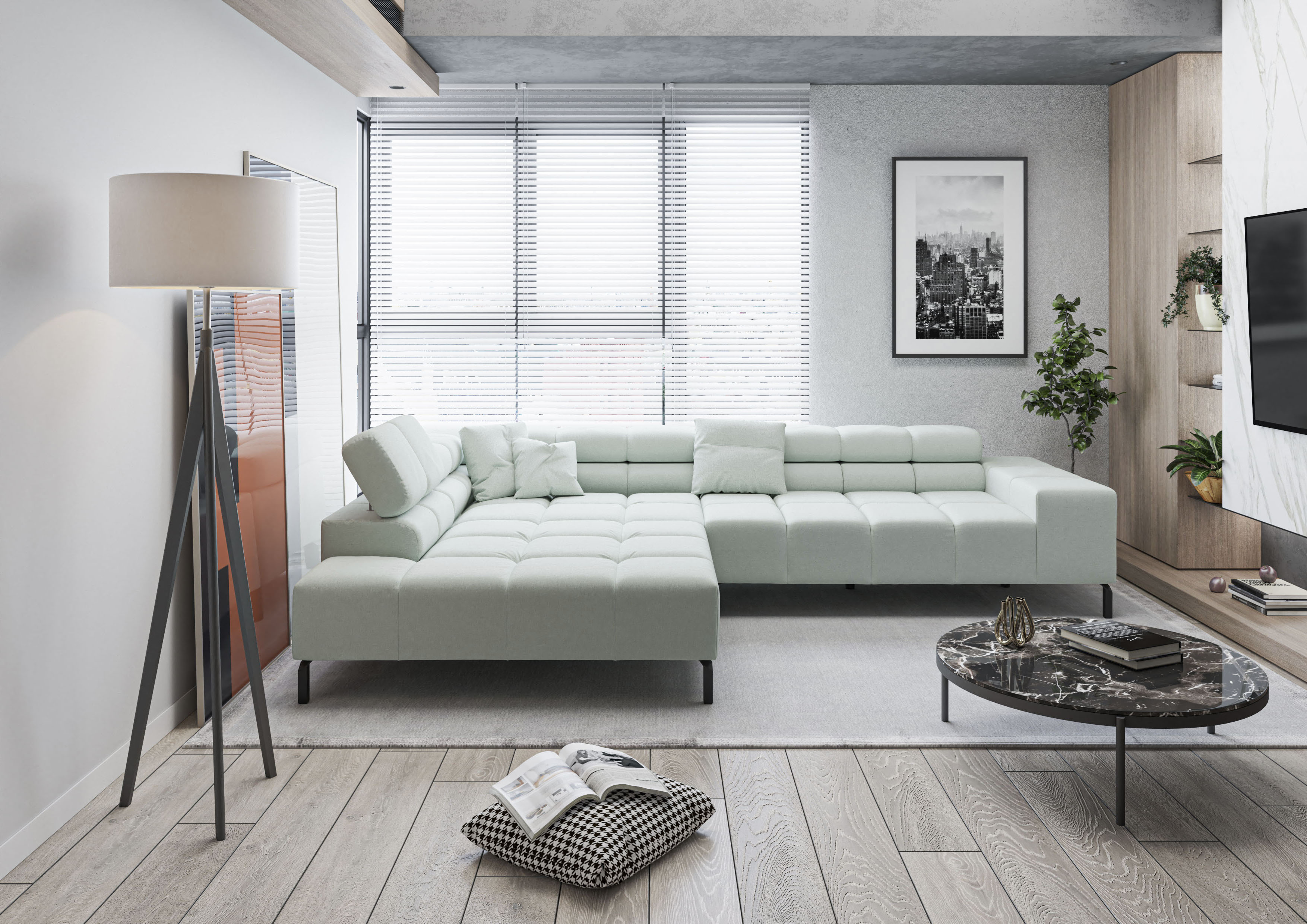 Home affaire Ecksofa "Ancona New, wahlweise motorische Sitztiefenverstellung, auch in Cord" feine Steppung, mit Kopfteilverstellung, 3 Zierkissen, L-Form