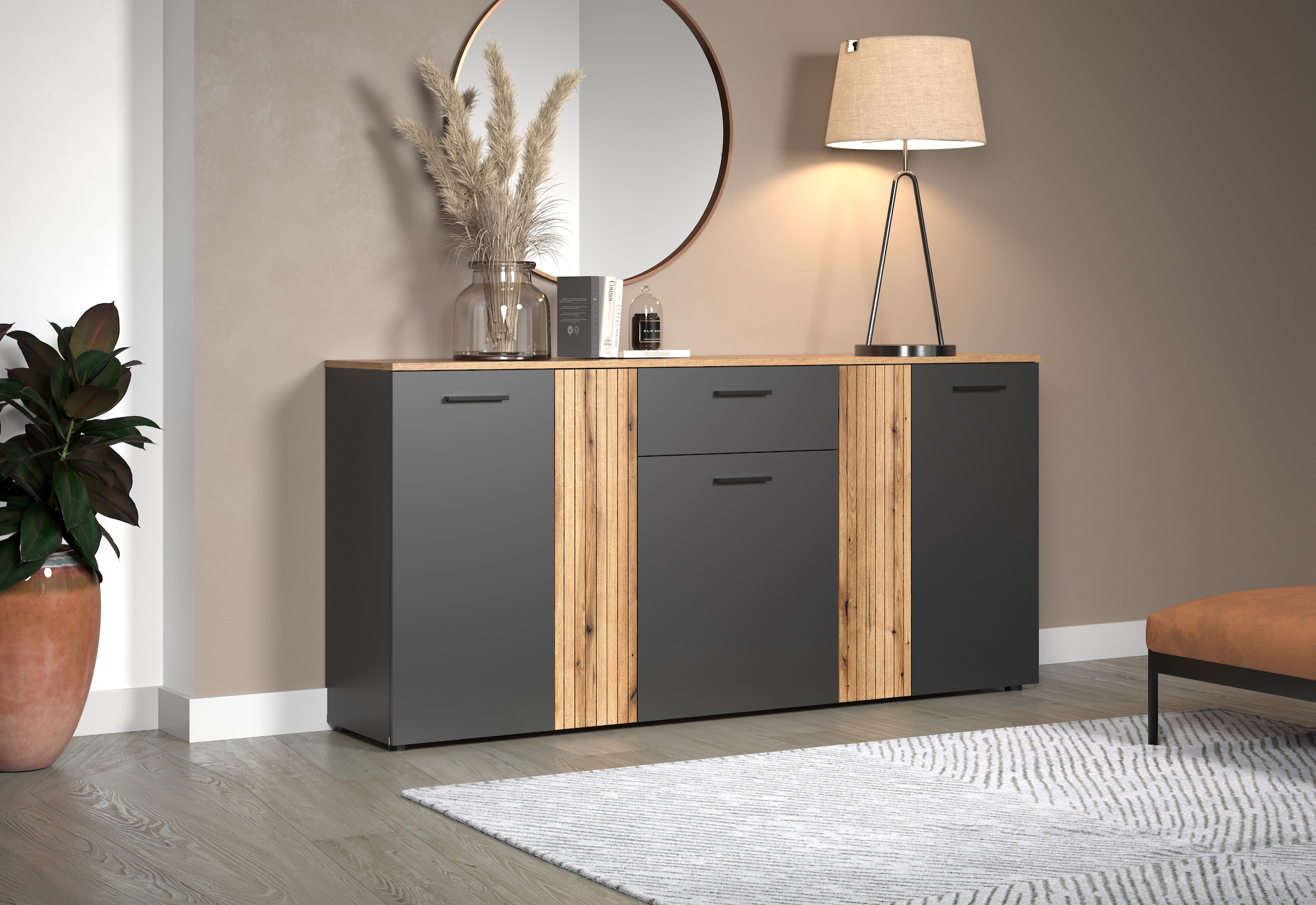INOSIGN Kommode »Estepona«, Sideboard mit anpassbaren Türen mit Rillen-Optik