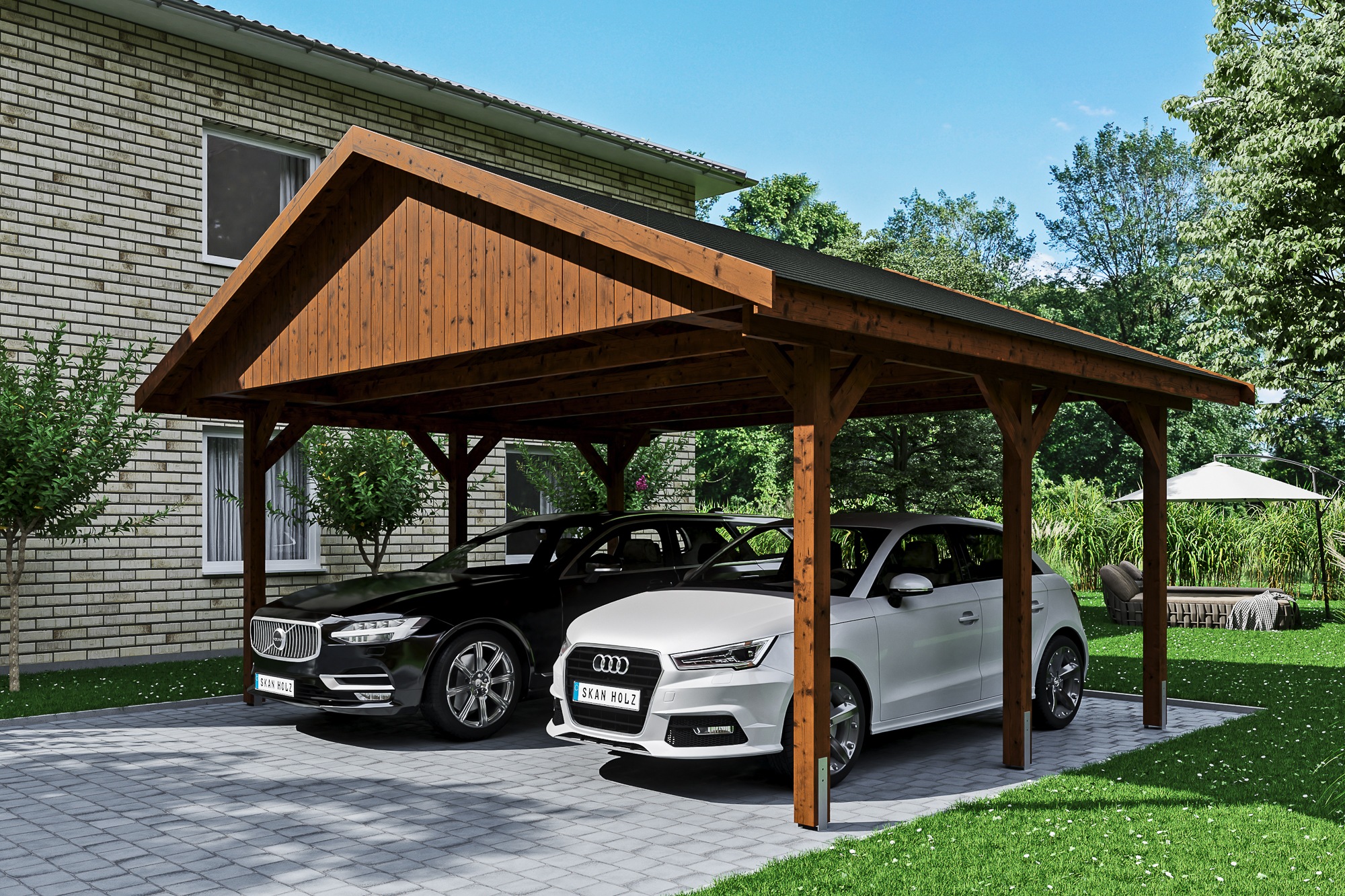 Skanholz Doppelcarport »Wallgau«, Nadelholz, 530 cm, Nussbaum, mit schwarzen Dachschindeln