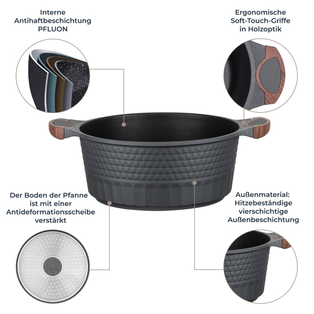 RESTO Kitchenware Kochtopf »Capella, Schmortopf antihaftbeschichtet und spülmaschinenfest«, Aluminiumguss, (2 tlg.), mit Glasdeckel und stoßdämpfendem Silikonrand, im Geschenkkarton