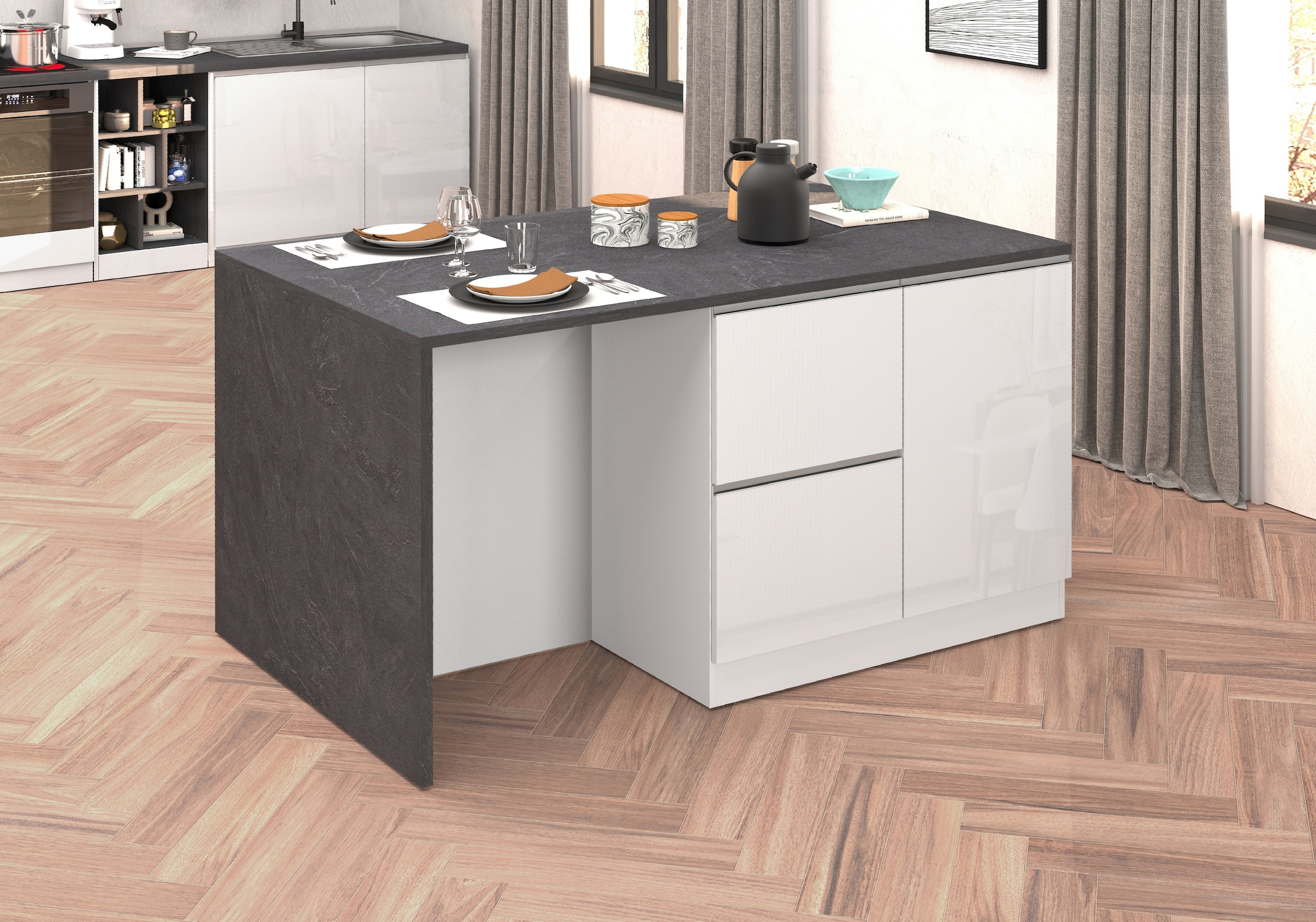 KOCHSTATION Kücheninsel »KS-Sole, Kochinsel, Küchenarbeitsblock, Inselküche, Arbeitsinsel« Breite 152,5 cm, mit Essplatz, Handtuchhalter, Fächer und Weinregal