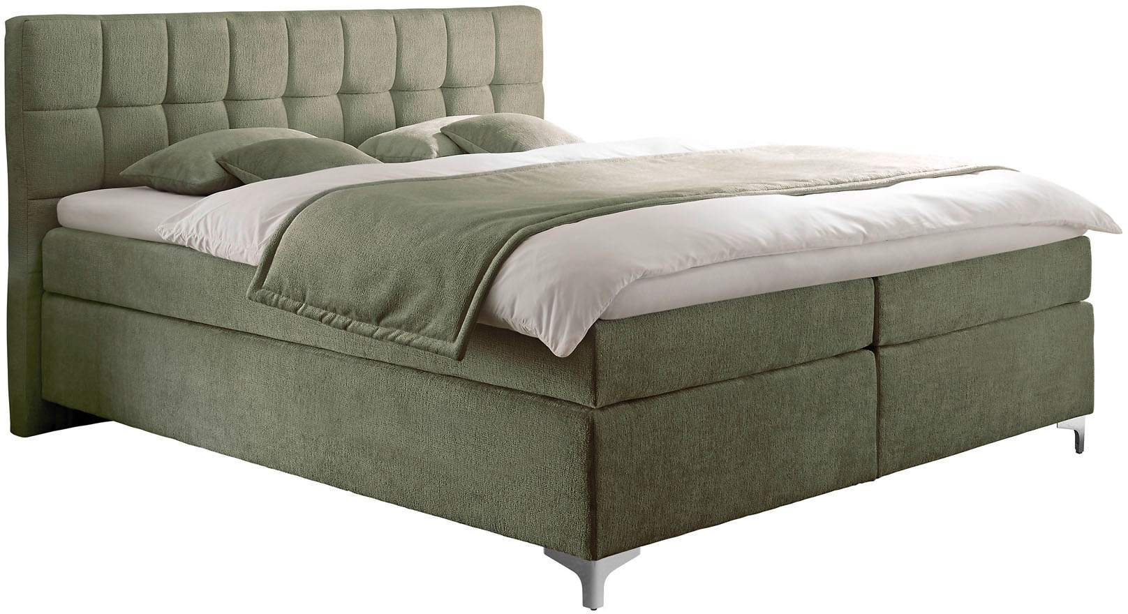 Boxspringbett HAPO "Nizza erhältlich in den Breiten 100, 160, 180 & 200cm", olive, B:191cm L:200cm, Komplettbetten, Boxspringbett, in verschiedenen Matratzenqualitäten, Härtegraden und Farben verfügbar