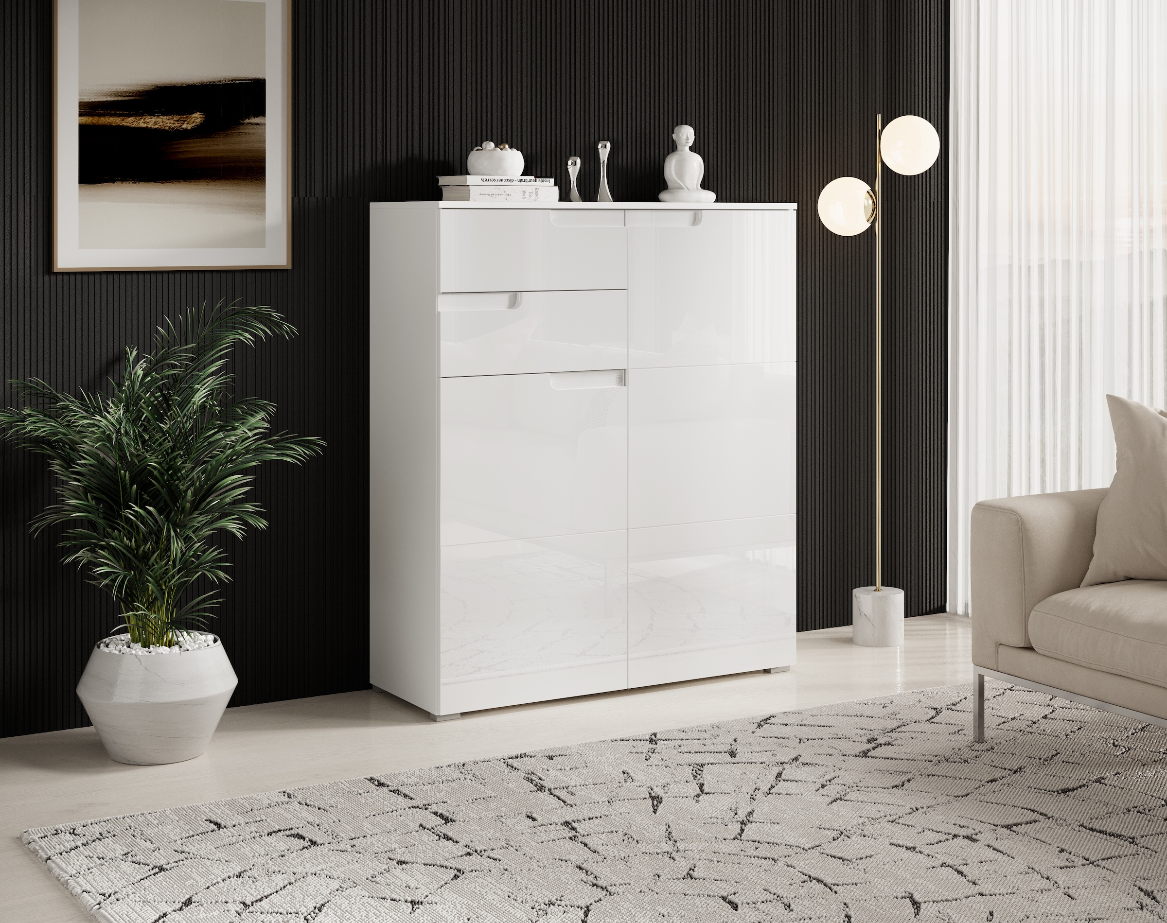 HBZ Kommode »Spice weiß hochglanz, BxHxT 100x119x40 cm«, Kommode mit 2 Türen, 2 Schubkästen und 3 Einlegeböden