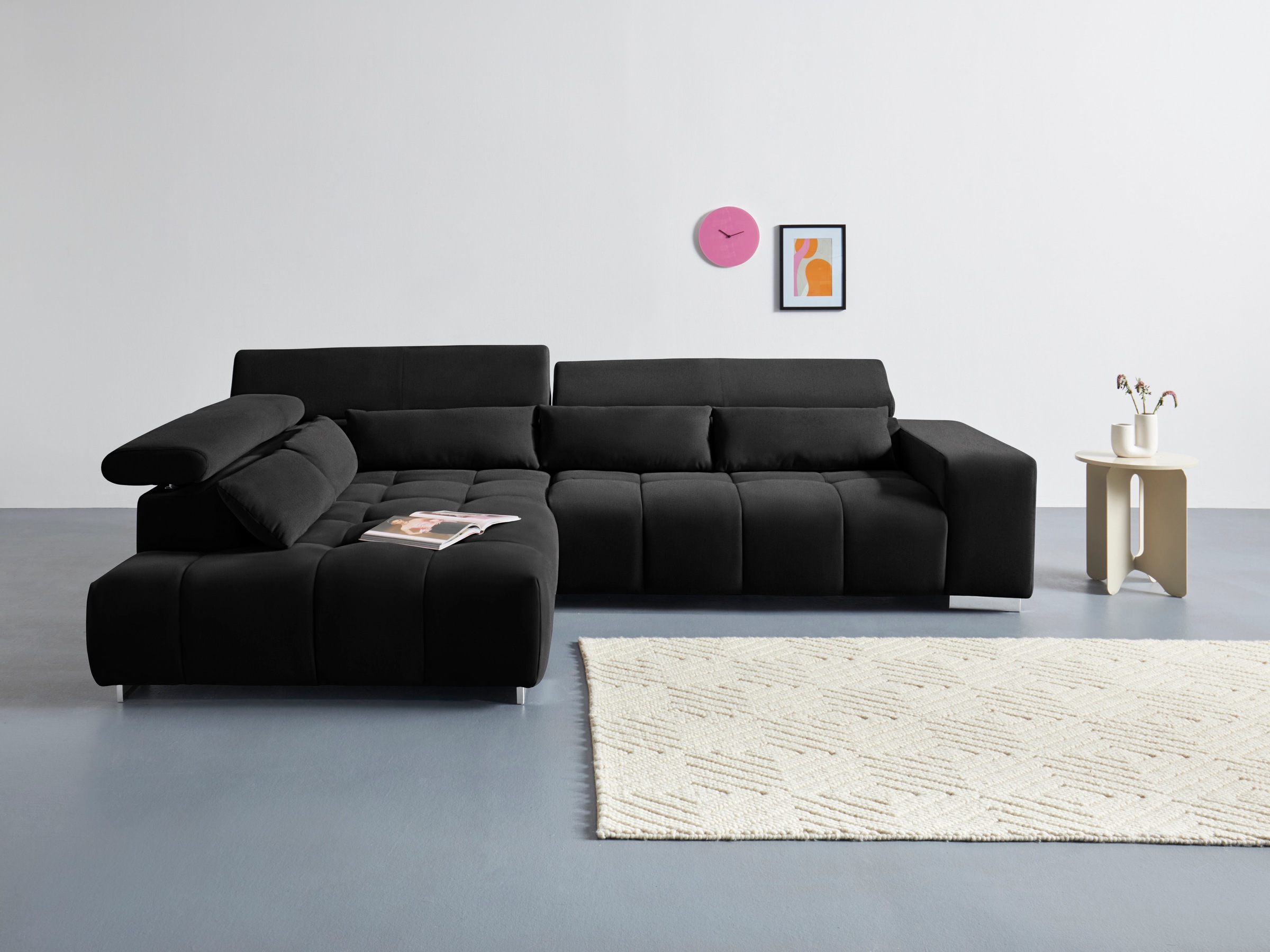 COTTA Ecksofa "Orion L-Form, B: 310 cm, moderne Steppung, bequeme Wellenunterfederung" Kopfteilverstellung & 5 Nierenkissen
