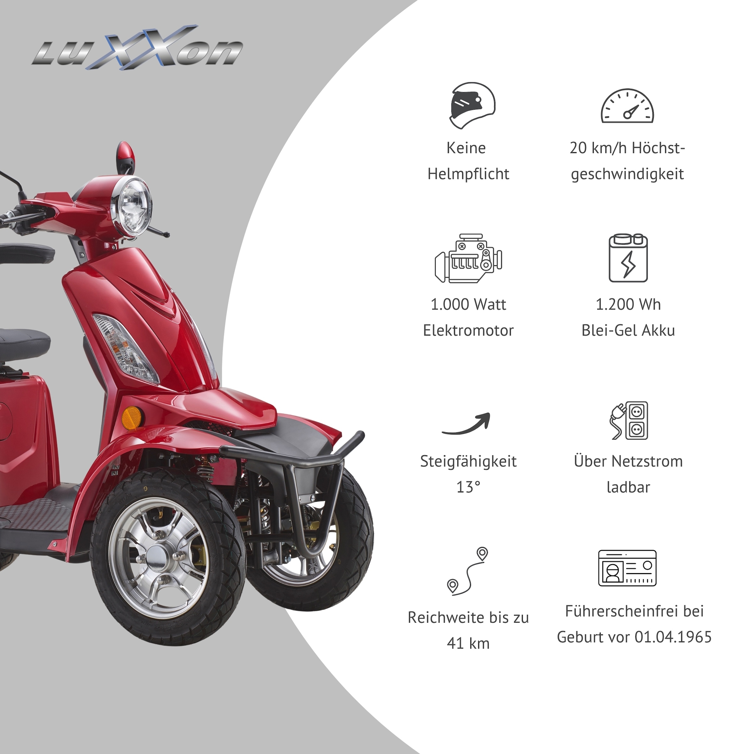 Luxxon Elektromobil »LuXXon Seniorenmobil E4900« 20 km/h Elektromobil mit Topcase, ohne Helmpflicht,  1.000 W, Seniorenmobil mit 4 Räder, Elektroroller für Senioren