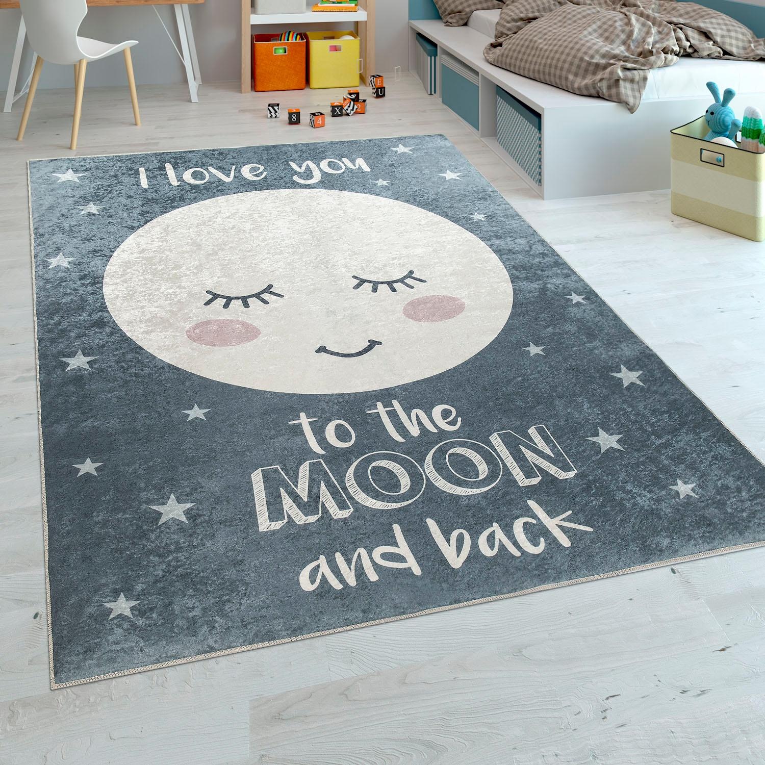 Paco Home Kinderteppich »Aleyna 103«, rechteckig, 6 mm Höhe, Kinder Design, niedliches Mond Motiv mit Schriftzug, Kinderzimmer