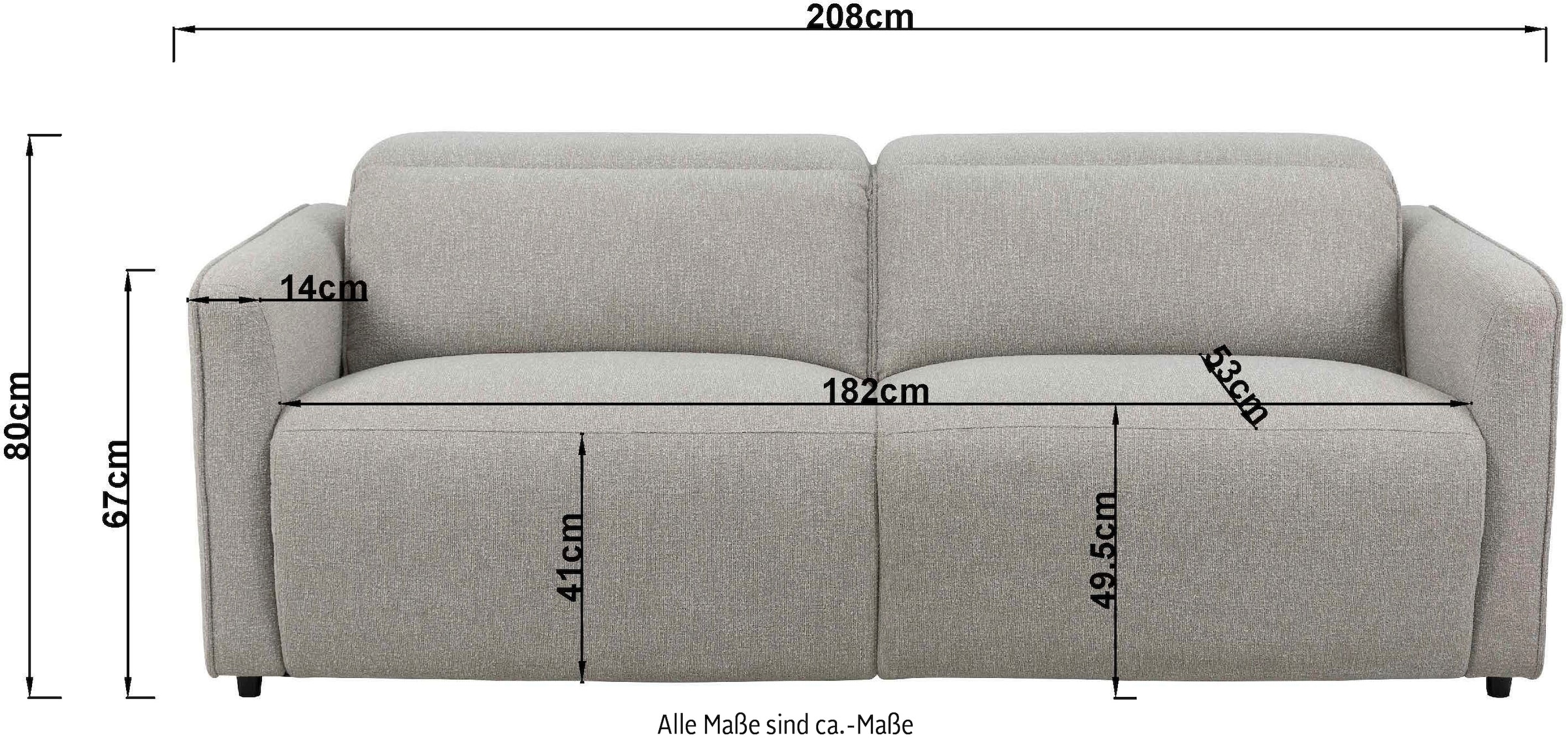 INOSIGN 2-Sitzer »KYLLY, XXL (208 cm) elektrische Relax- und Liegefunktion in 2 Sitzen«, Mega-Sofa, Kopfteilverstellung, USB A/ C, Federkern, Feinstruktur
