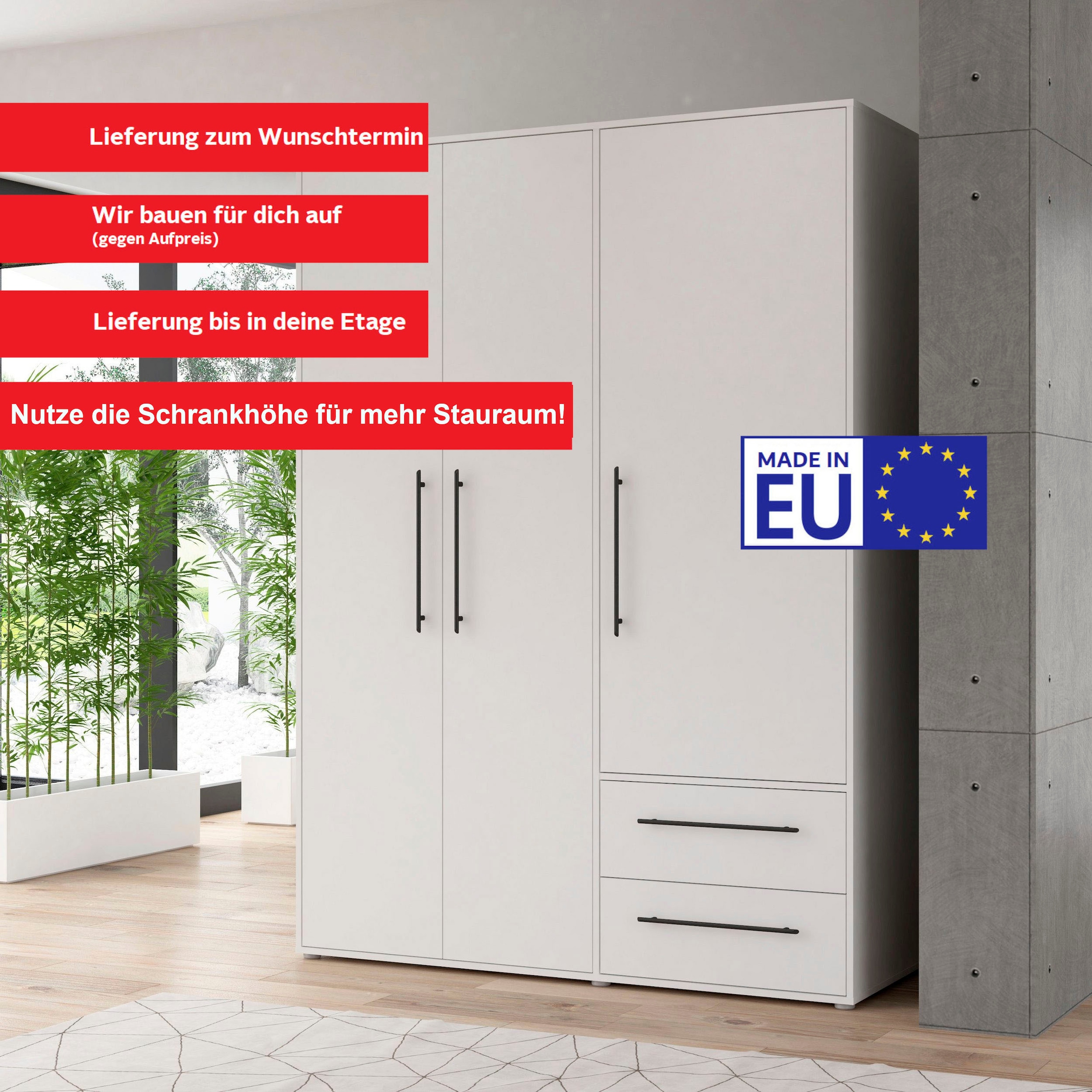 FORTE Drehtürenschrank »Mokkaris. TOPSELLER! Made in Europe, verschiedene Größen und Farben«, (3-türig, 2 Schubladen oder 4-türig, 4 Schubladen), mit Schubladen und Stangengriffen, pflegeleichte Oberfläche