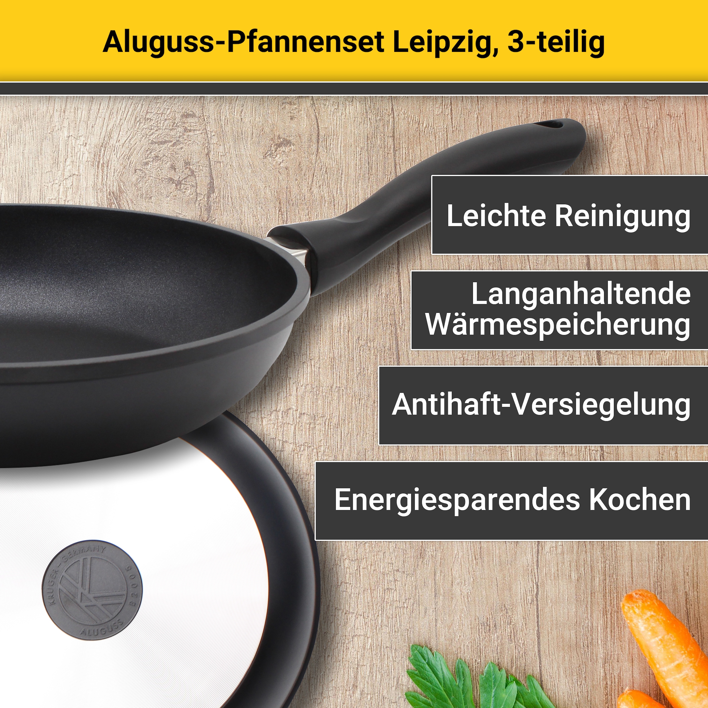 Krüger Pfannen-Set »Aluguss Pfannenset LEIPZIG, 3 tlg.«, Aluminiumguss, (Set, 3 tlg., 1x Bratpfanne Ø 20 cm, 1x Bratpfanne Ø 28 cm, 1x Schmorpfanne Ø 24 cm), hochwertige Antihaft-Versiegelung