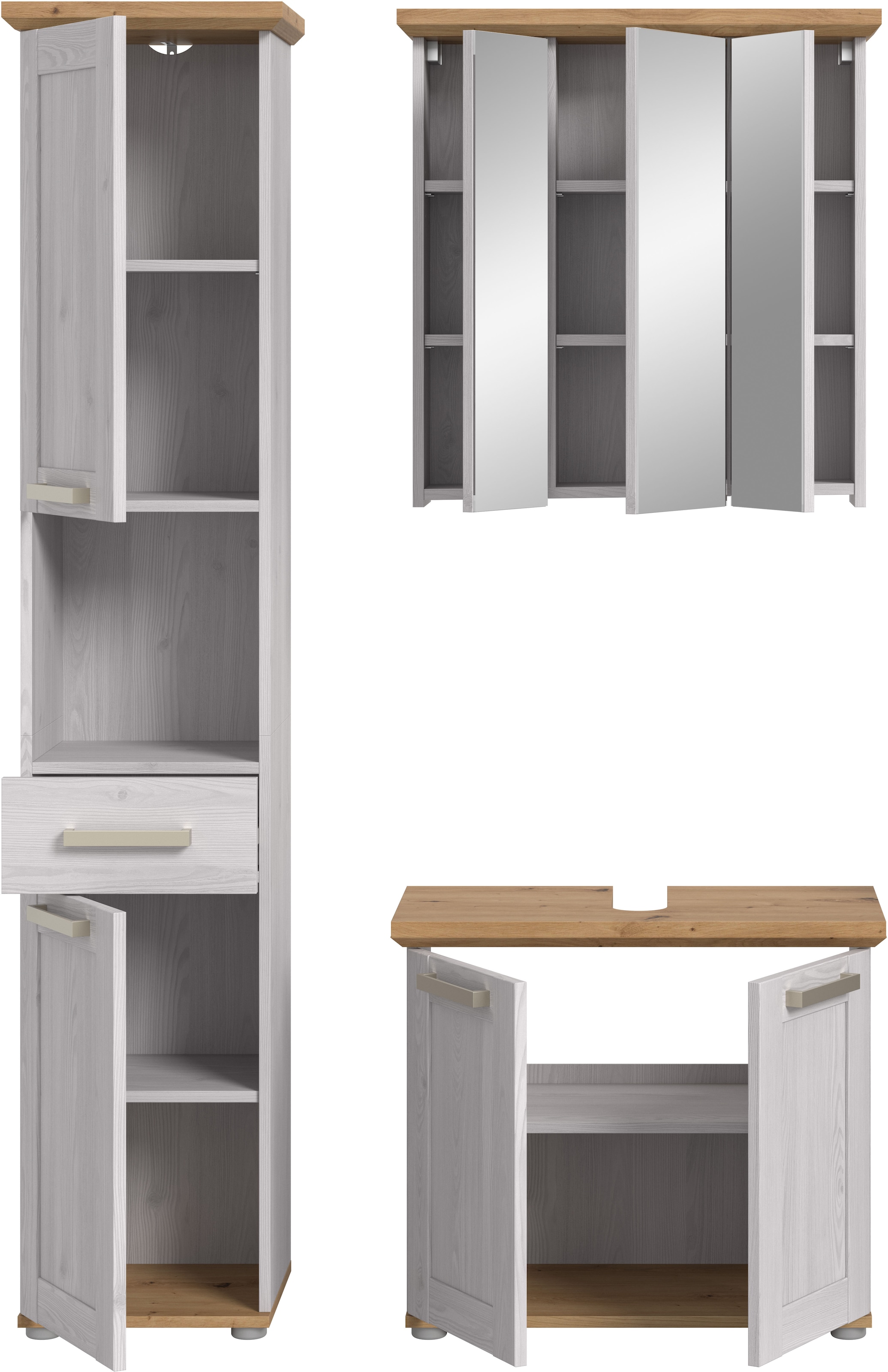 welltime Badmöbel-Set »COSENZA, 3-teilig, in Landhausoptik, mit farblich abgesetztem Kranz« best. aus: Hochschrank, Spiegelschrank und Waschbeckenunterschrank, 3 Stk. tlg.