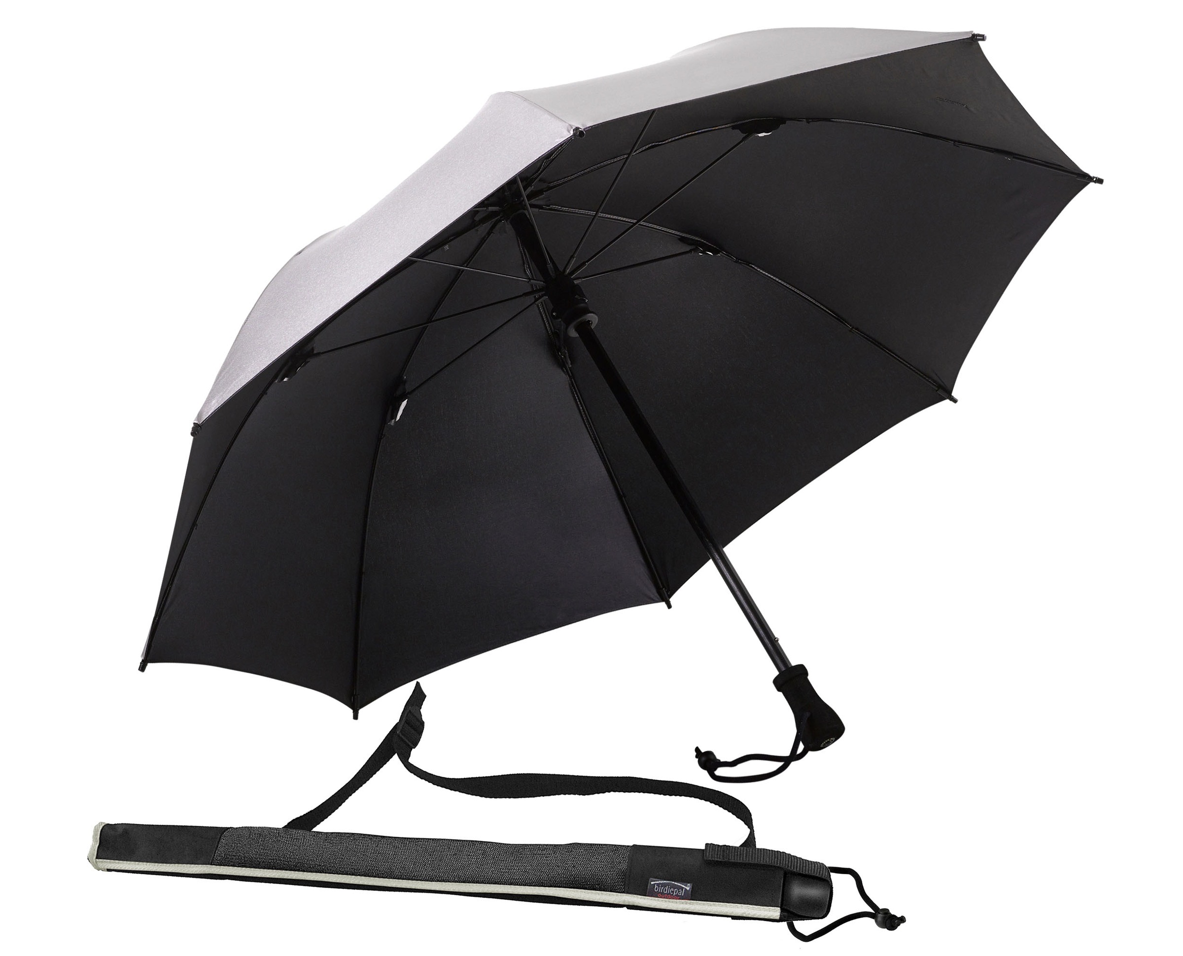 EuroSCHIRM® Stockregenschirm »birdiepal® outdoor, silber, extra stabil«, Schultertragegurt an der Hülle, mit Kompass am Griff, UV-Schutz 50+