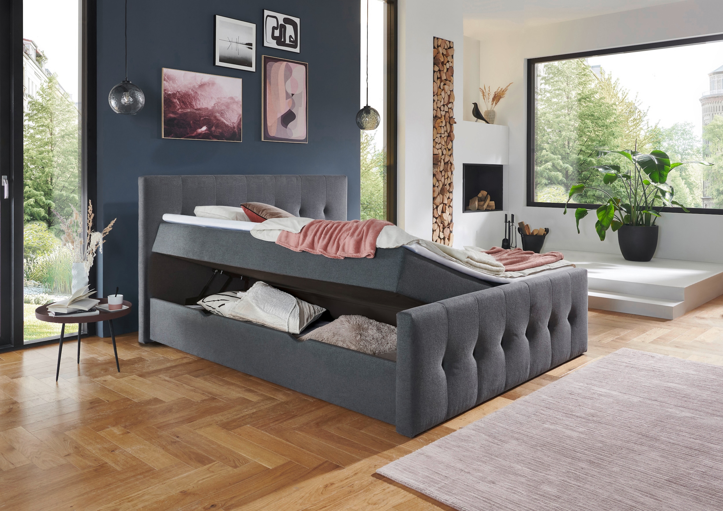 Home affaire Boxbett »Tessaja, inkl. Bettkasten, in der Breite 180x200cm erhältlich« Kopf- und Fußteil gesteppt, inkl. Anti-Slip-Topper