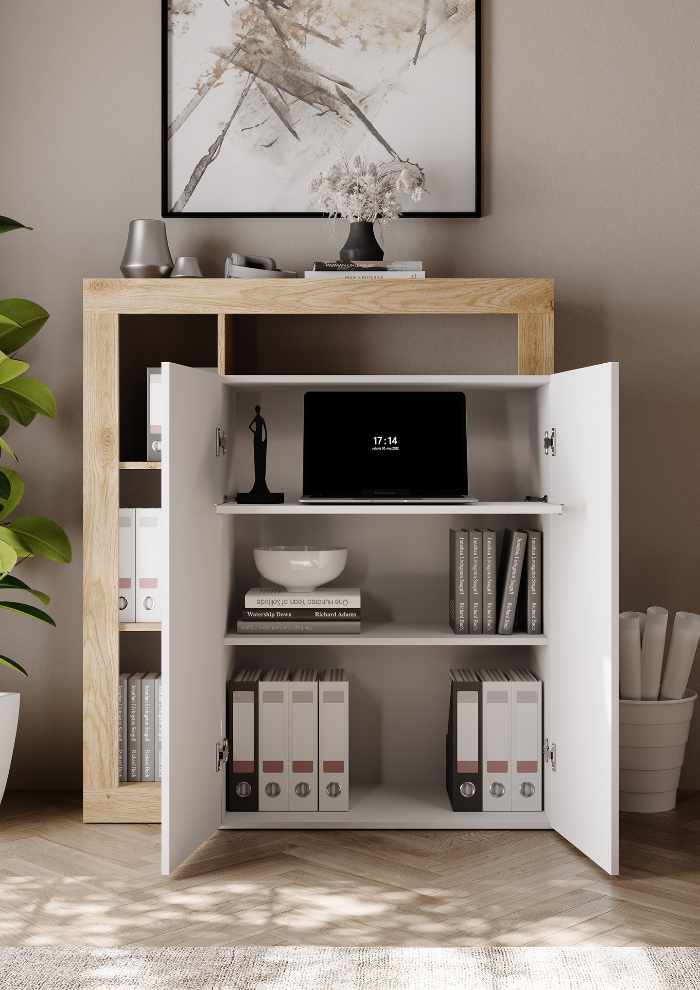 INOSIGN Sekretär »Hamburg Breite 108 cm, Höhe 126 cm, 2 Türen, PC-Schrank, Home-Office,«, dekorativer Rahmen, Tastaturauszug, Stauraum, Multifunktional