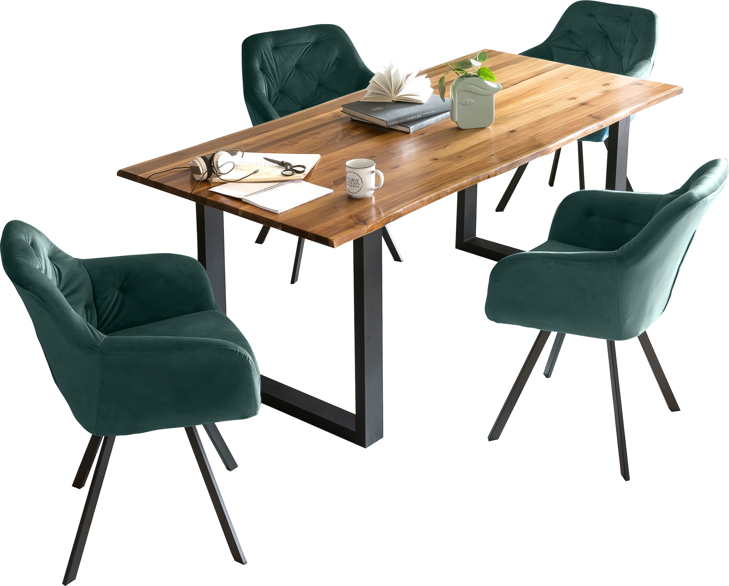 Essgruppe, (Set, 5 tlg.), Stühle mit 360° Drehplatte, Tischplatte mit echter Baumkante